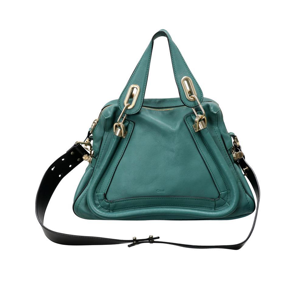 Chloe limited edition Teal Green model Paraty Medium size. Handcrafted piped trim and soft leather details the front and back of a leather satchel topped with dual handles and an optional shoulder strap measuring 15 inches and regular handle is 5.5