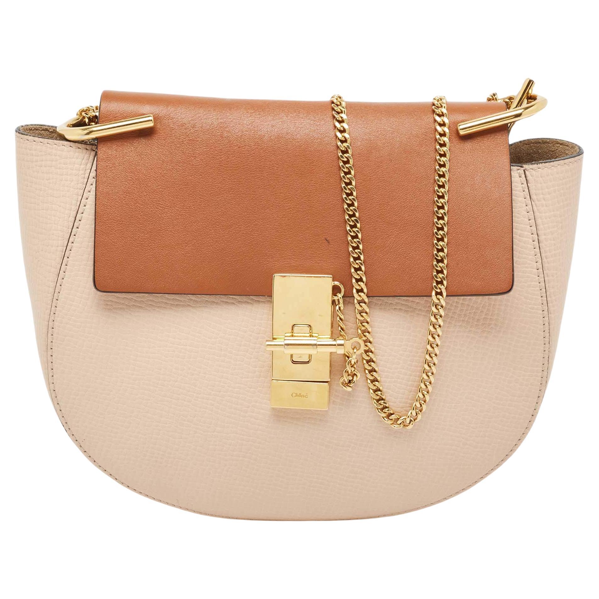 Chloe Peach/Brown Pebbled Leather Medium Drew Shoulder Bag For Sale