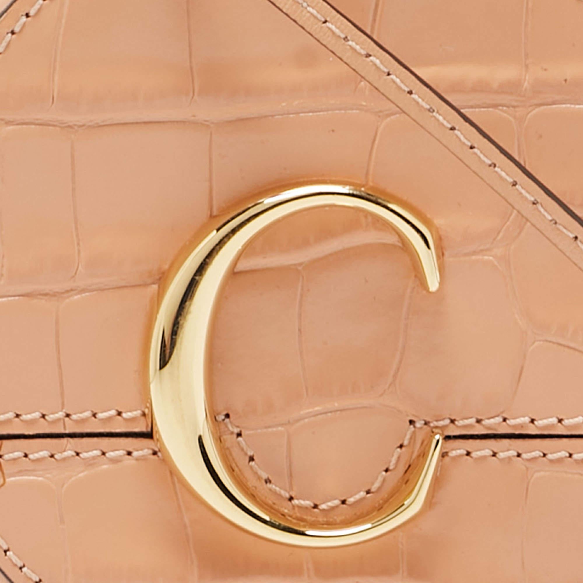 Chloe Peach Crocodile Embossed Leather Mini C Round Crossbody Bag For Sale 6