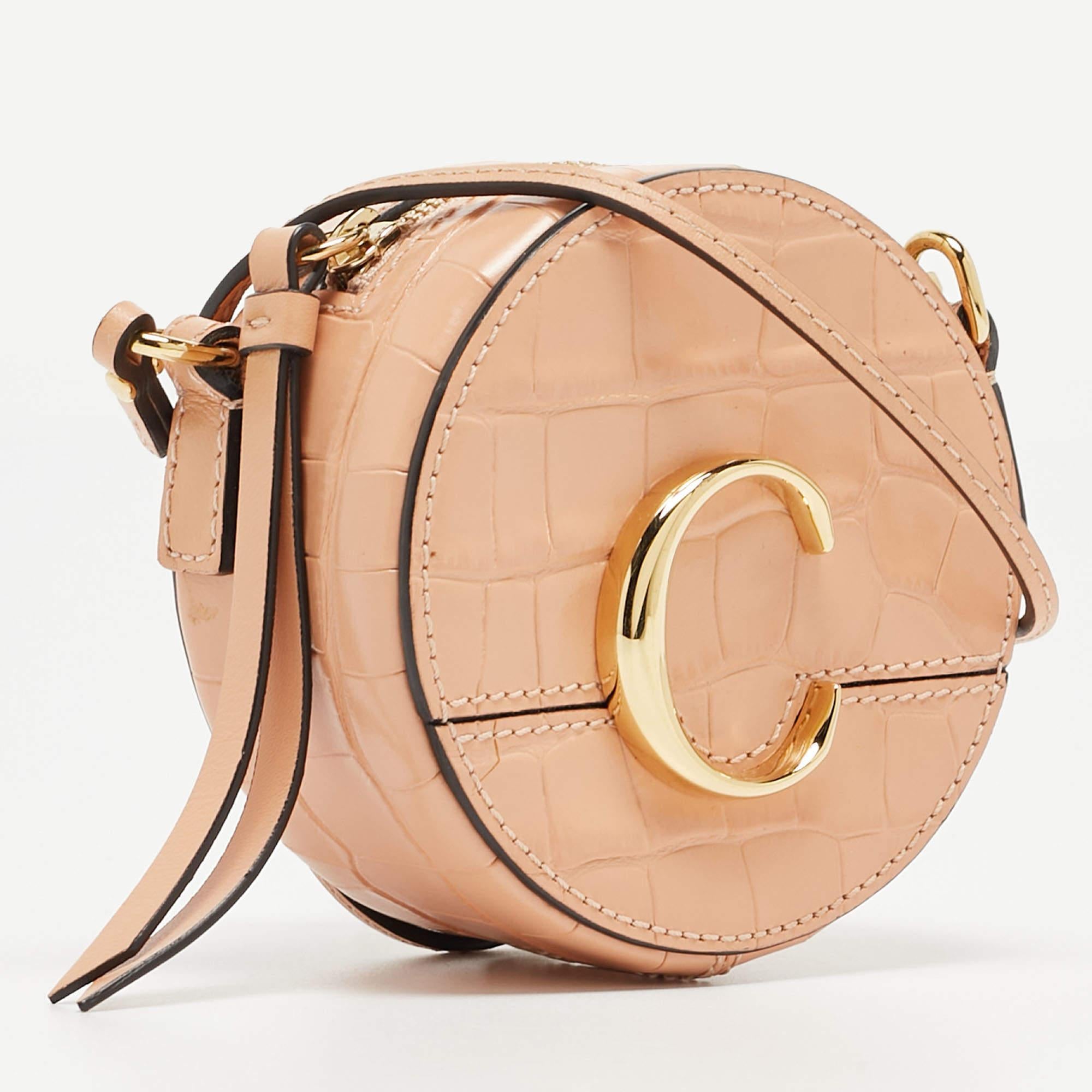 Women's Chloe Peach Crocodile Embossed Leather Mini C Round Crossbody Bag For Sale