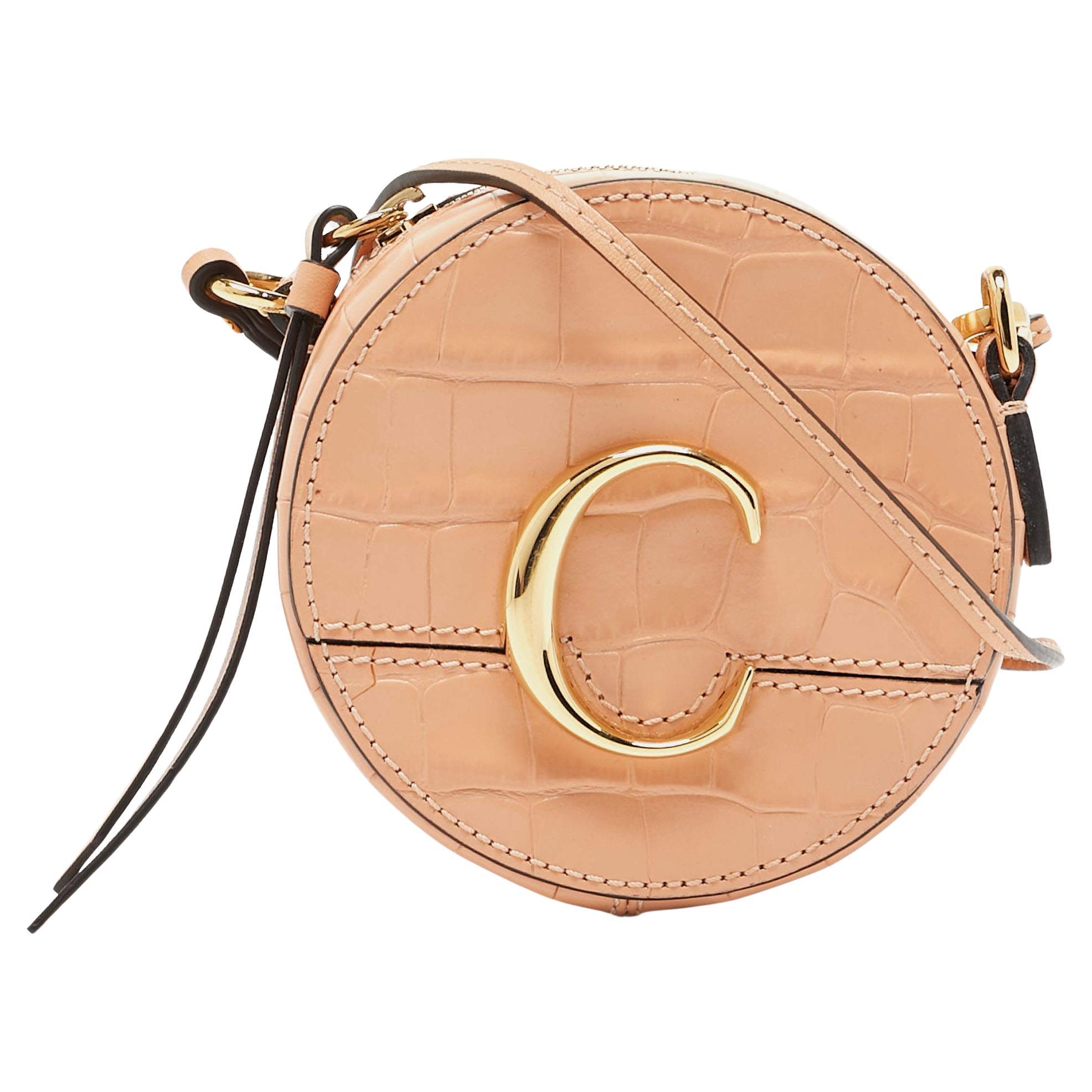 Chloe Peach Crocodile Embossed Leather Mini C Round Crossbody Bag For Sale