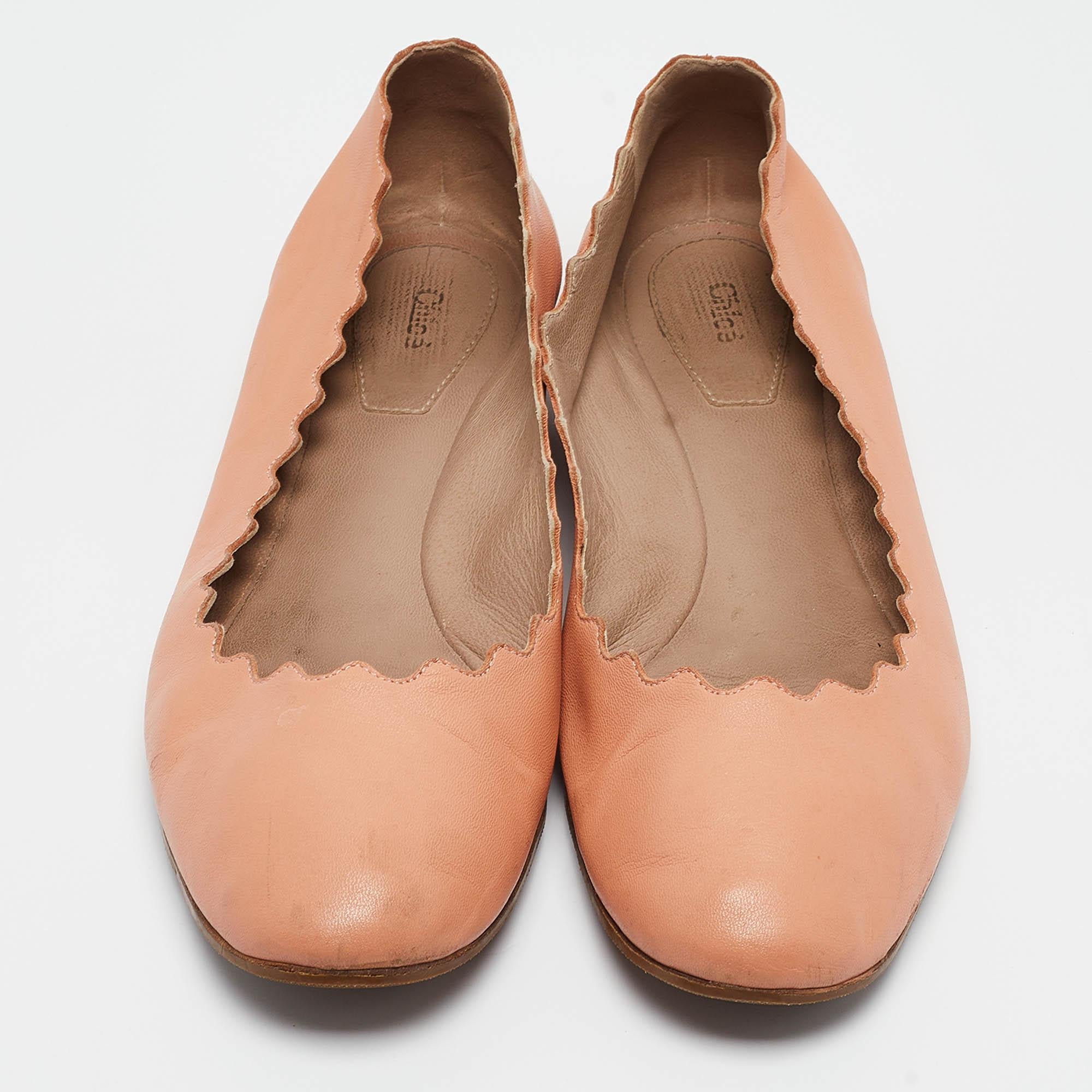 Orange Chloe Peach Pink Scalloped Leather Lauren Ballet Flats Size 37 For Sale