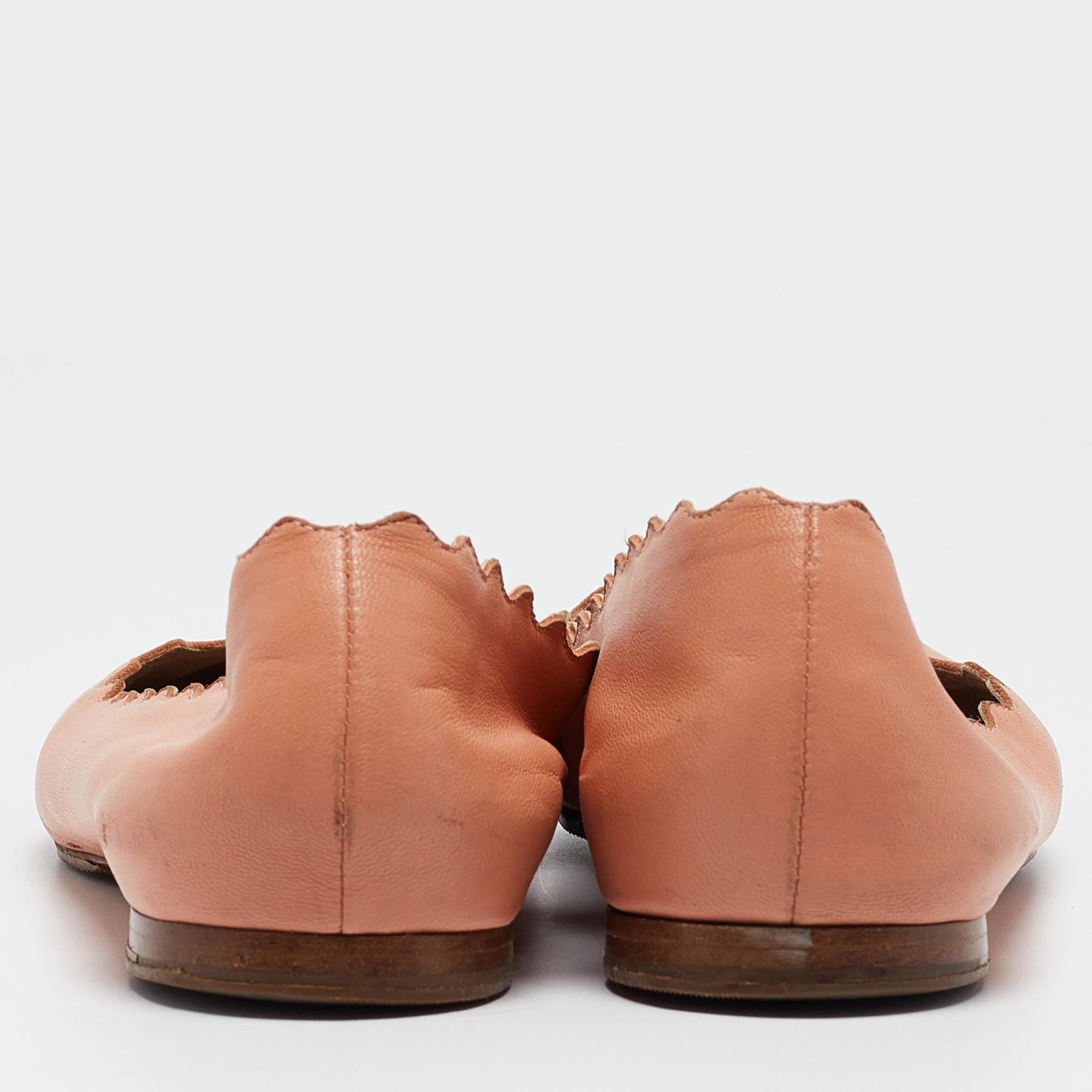 Women's Chloe Peach Pink Scalloped Leather Lauren Ballet Flats Size 37 For Sale