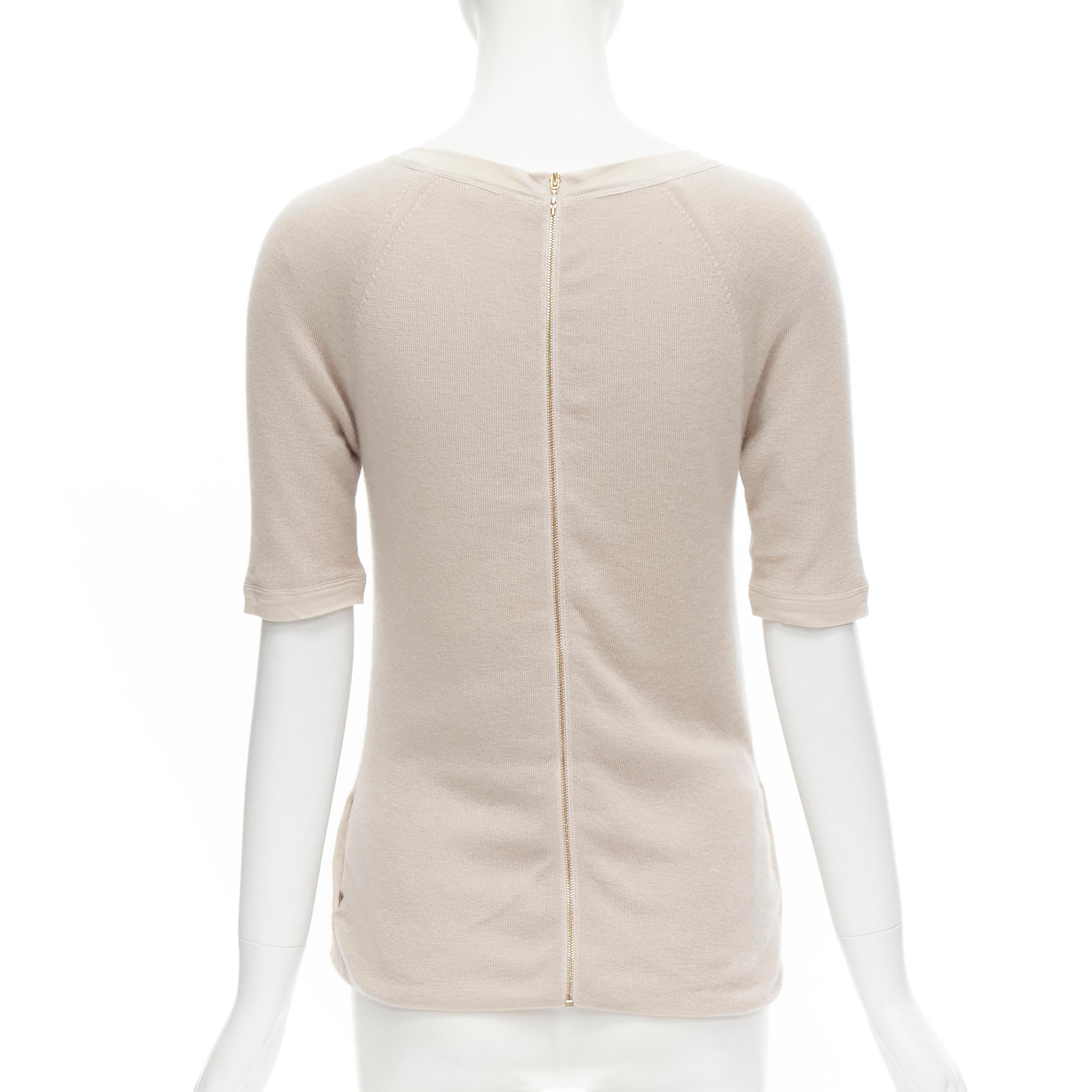 Beige CHLOE Perle beige cashmere silk gold zip back short sleeve sweater  For Sale