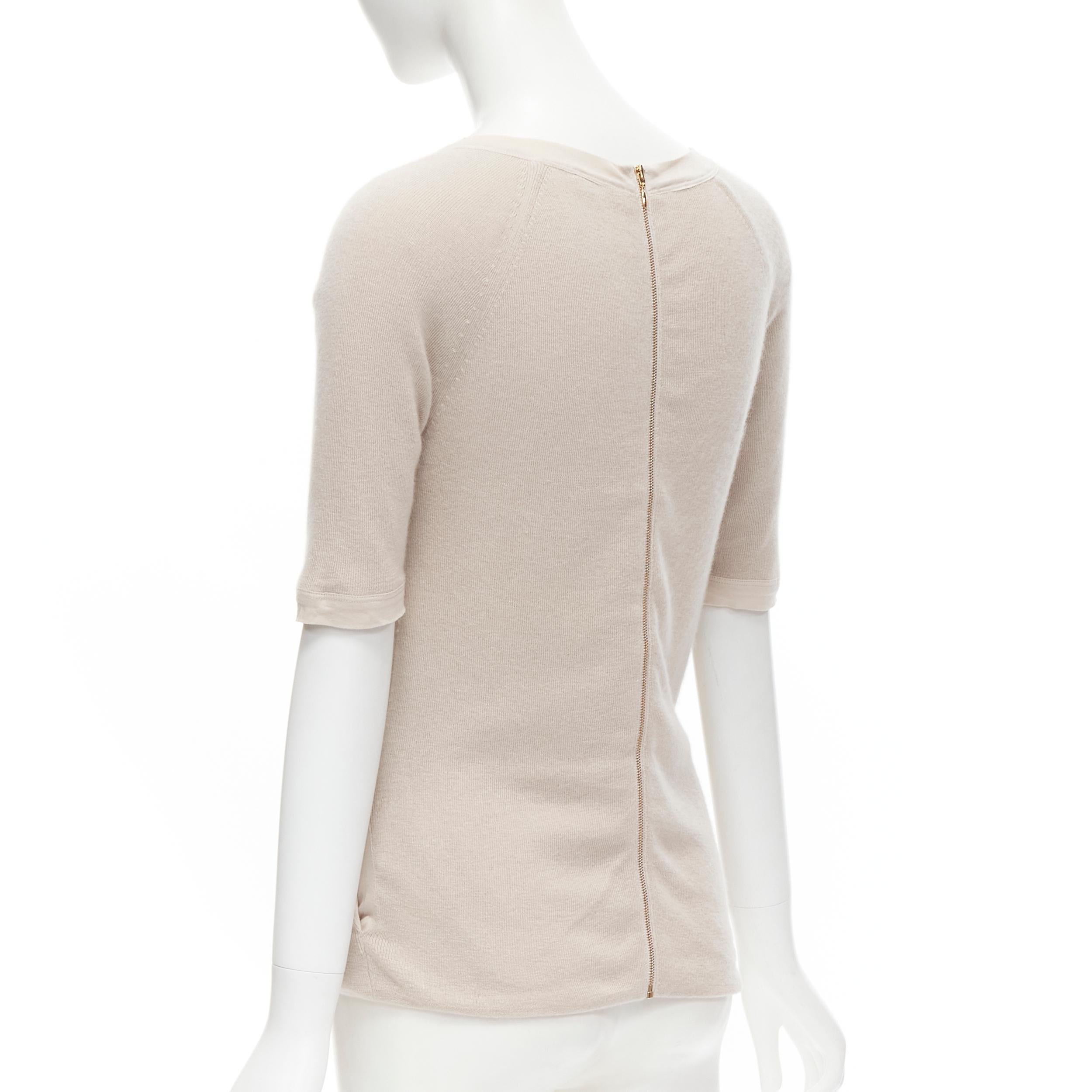 CHLOE Perle beige cashmere silk gold zip back short sleeve sweater  In Good Condition For Sale In Hong Kong, NT