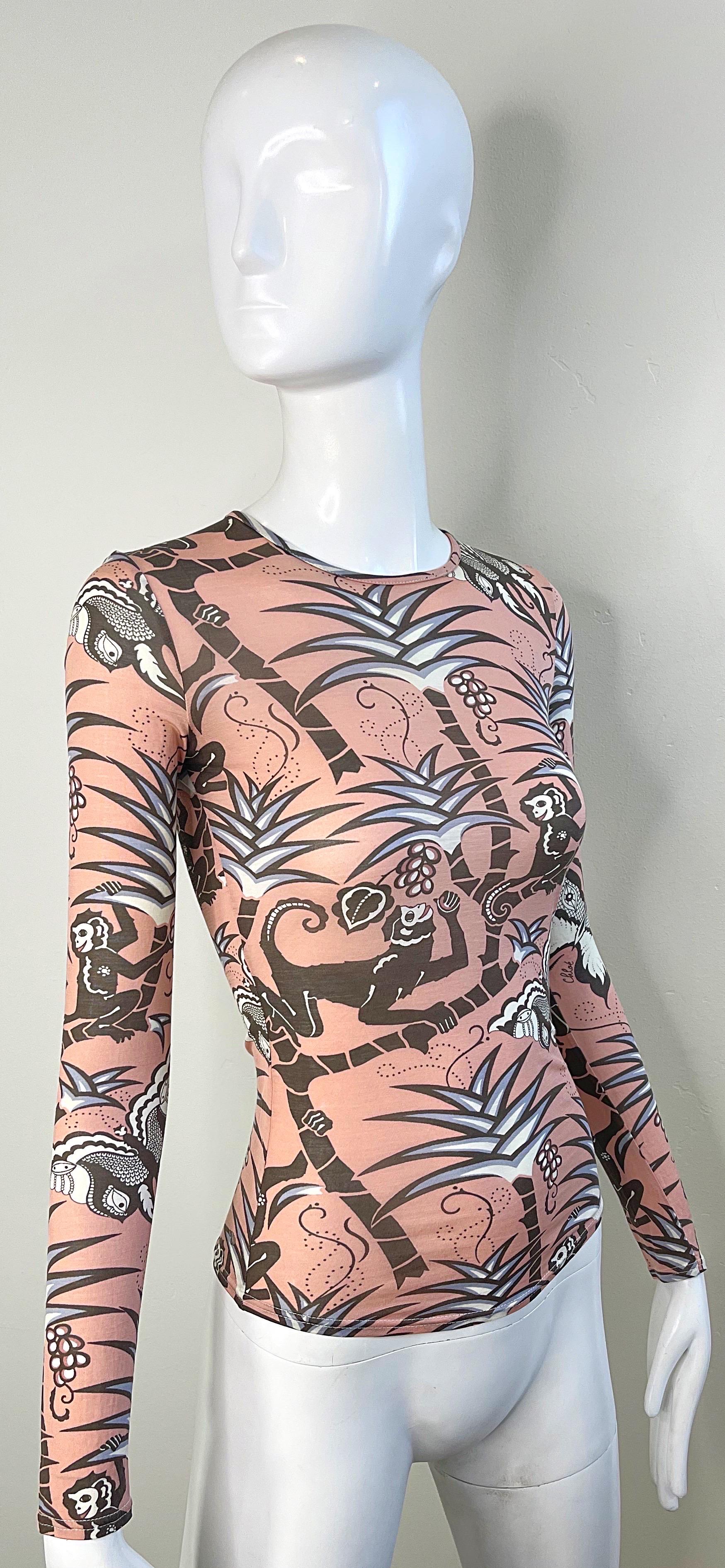 Chloe Phoebe Philo Spring 2002 Novelty Monkey Butterfly Print Long Sleeve Shirt For Sale 6
