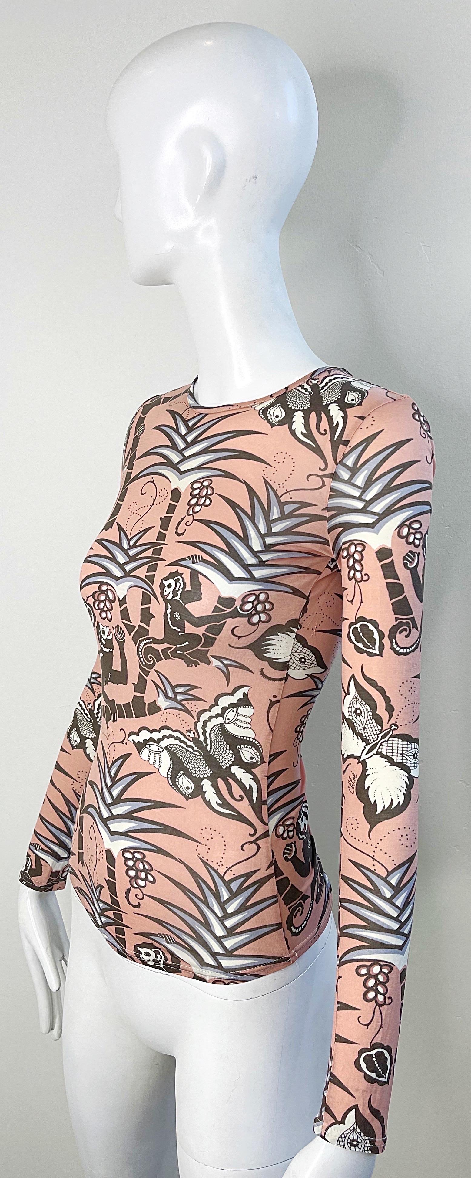 Chloe Phoebe Philo Spring 2002 Novelty Monkey Butterfly Print Long Sleeve Shirt For Sale 1