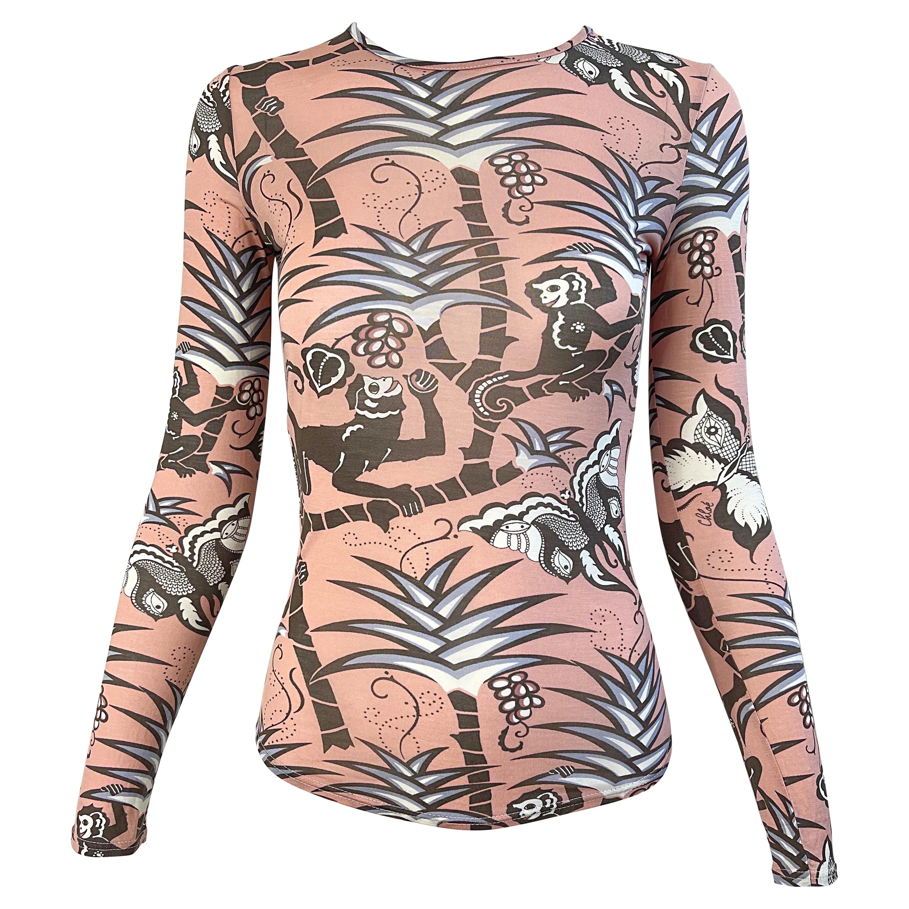 Camicia a maniche lunghe Chloe Phoebe Philo primavera 2002 con stampa scimmia e farfalla in vendita
