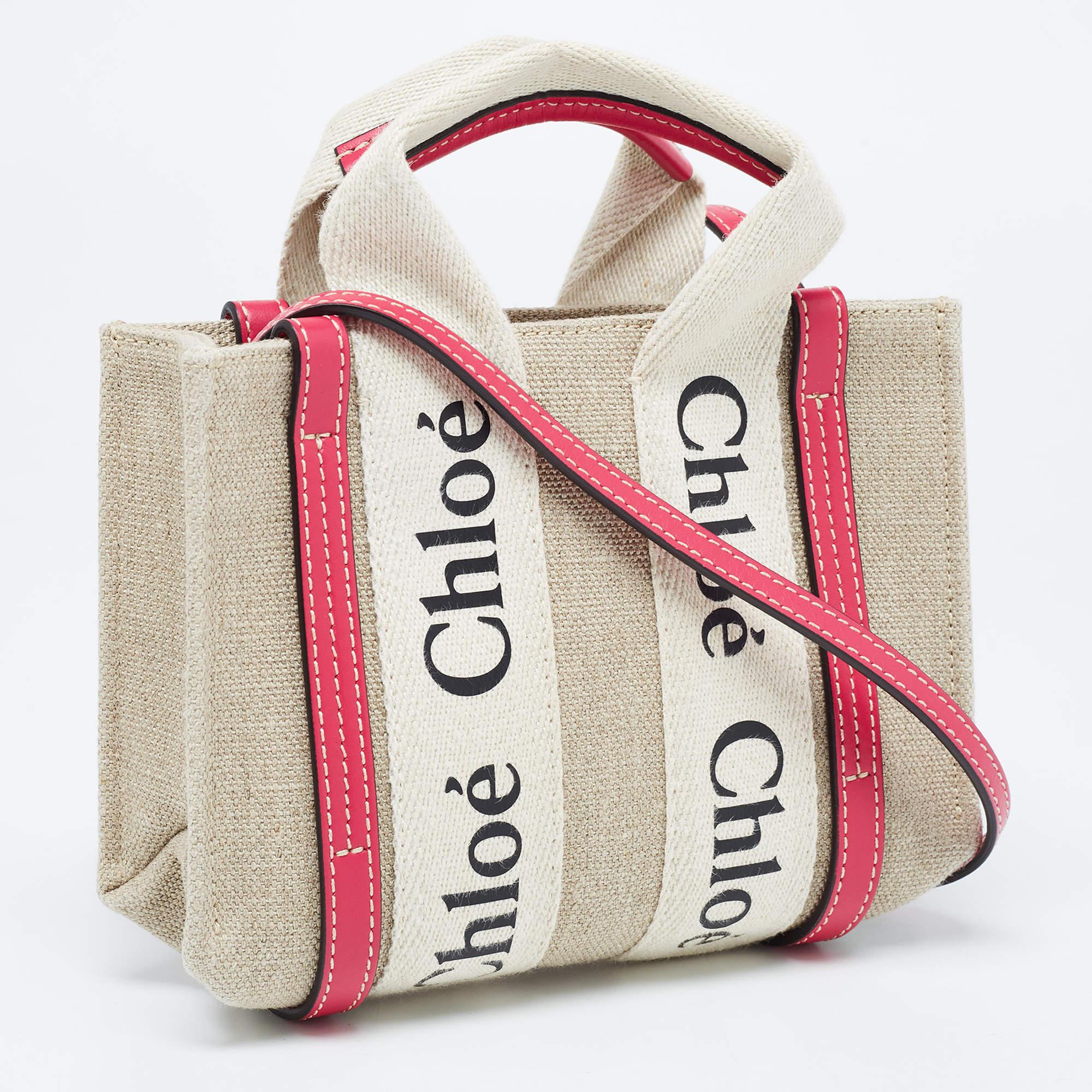 Chloe Pink/Beige Canvas and Leather Mini Woody Tote 7