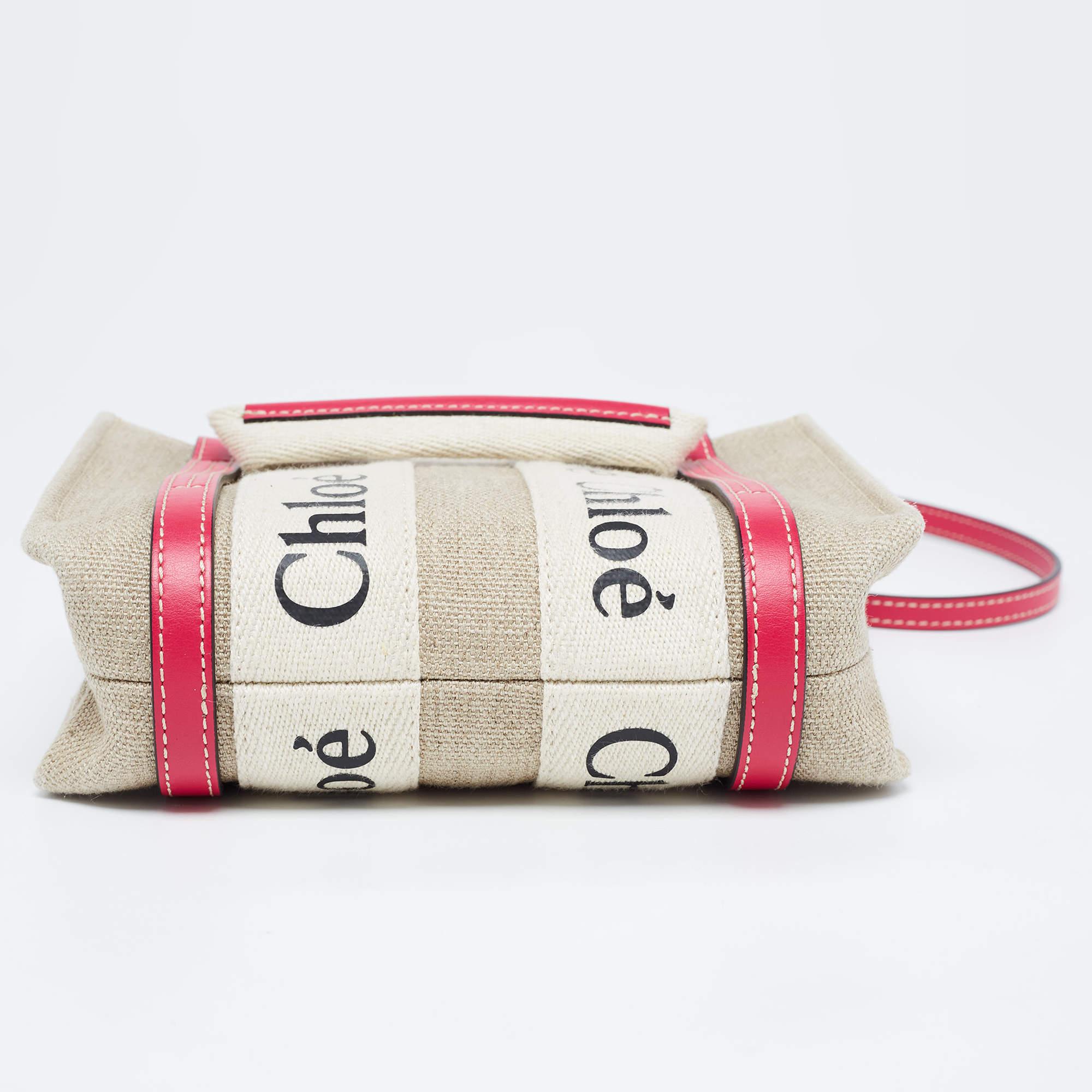 Chloe Pink/Beige Canvas and Leather Mini Woody Tote In Good Condition In Dubai, Al Qouz 2