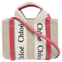 Chloe Pink/Beige Canvas and Leather Mini Woody Tote