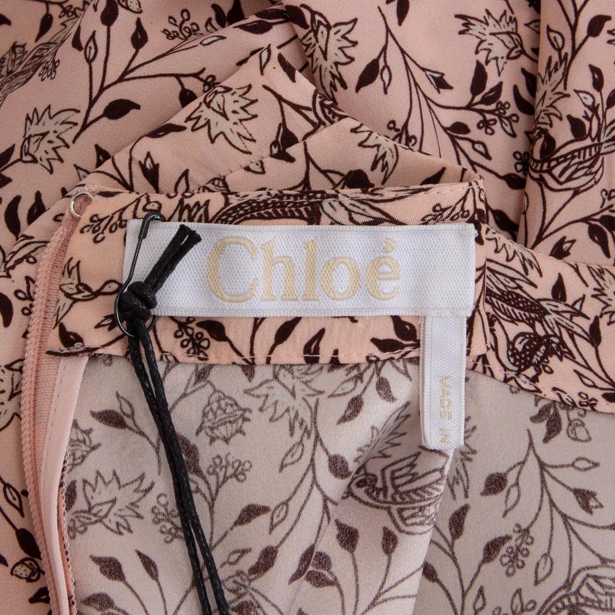 Women's CHLOE pink & brown 2021 BIRD PRINT SILK CREPE LONG SLEEVE Dress 40 M For Sale
