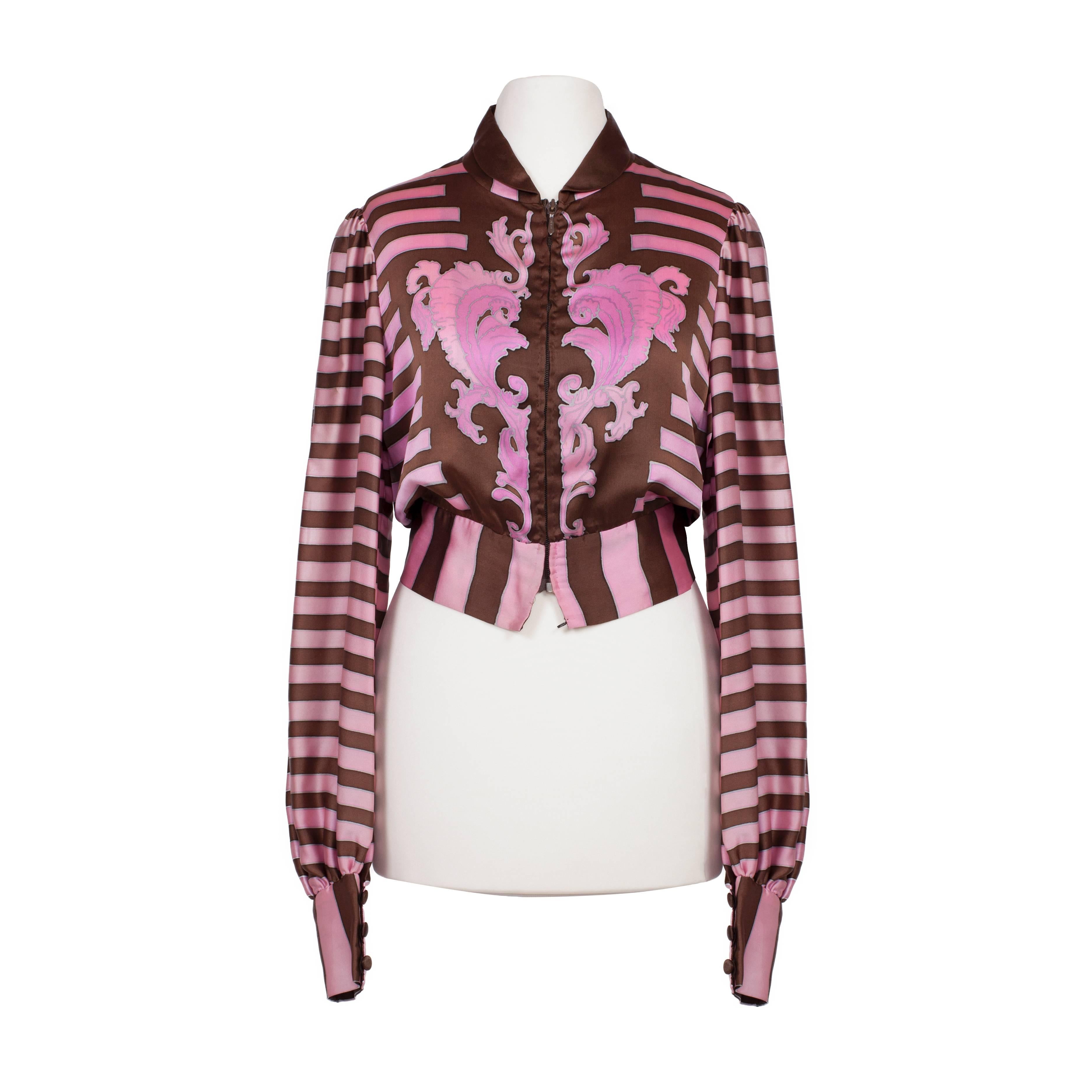 Chloe Pink Brown Silk Blouson Jacket Blouse Karl Lagerfeld 1970s In Good Condition For Sale In Berlin, DE