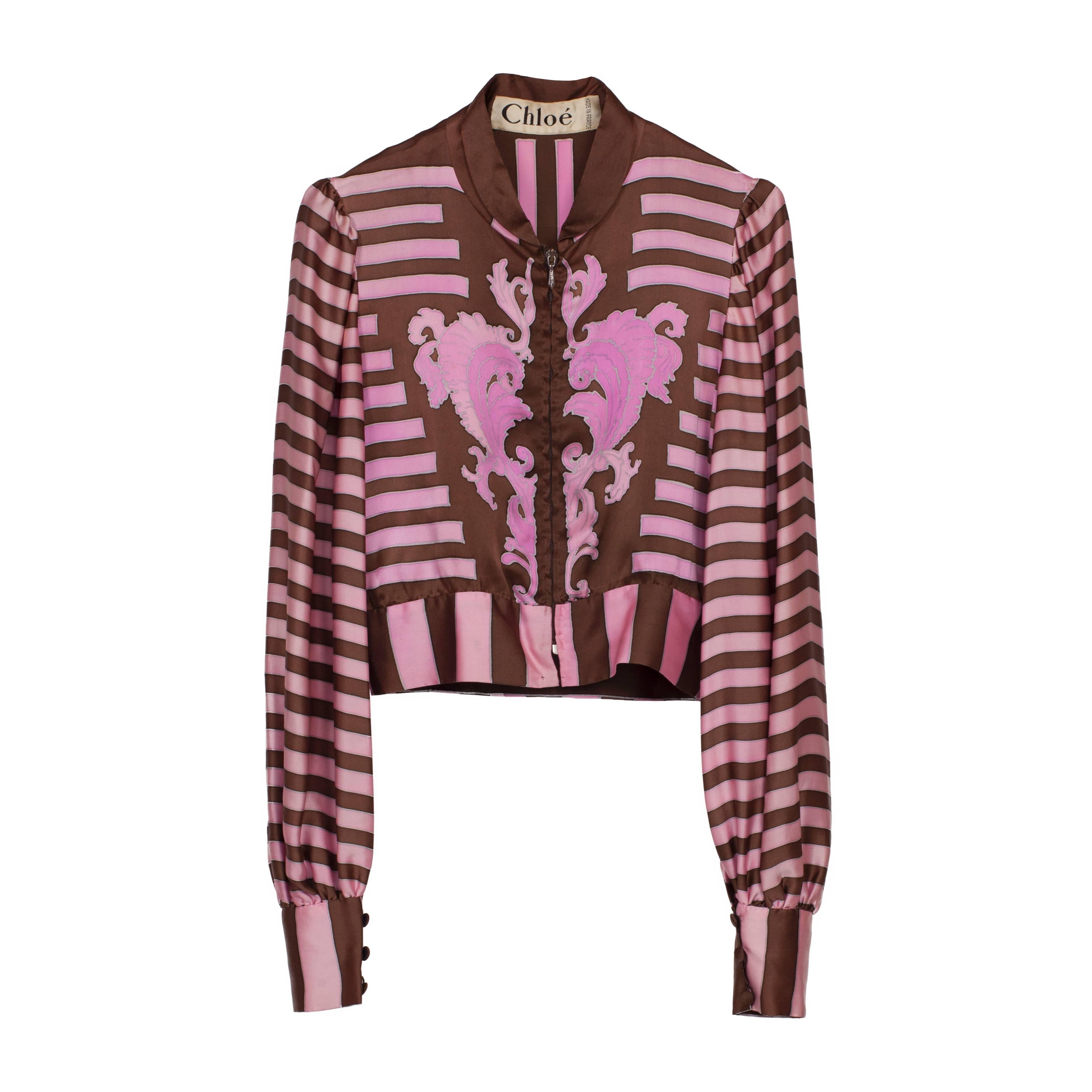 Chloe Pink Brown Silk Blouson Jacket Blouse Karl Lagerfeld 1970s For Sale 4