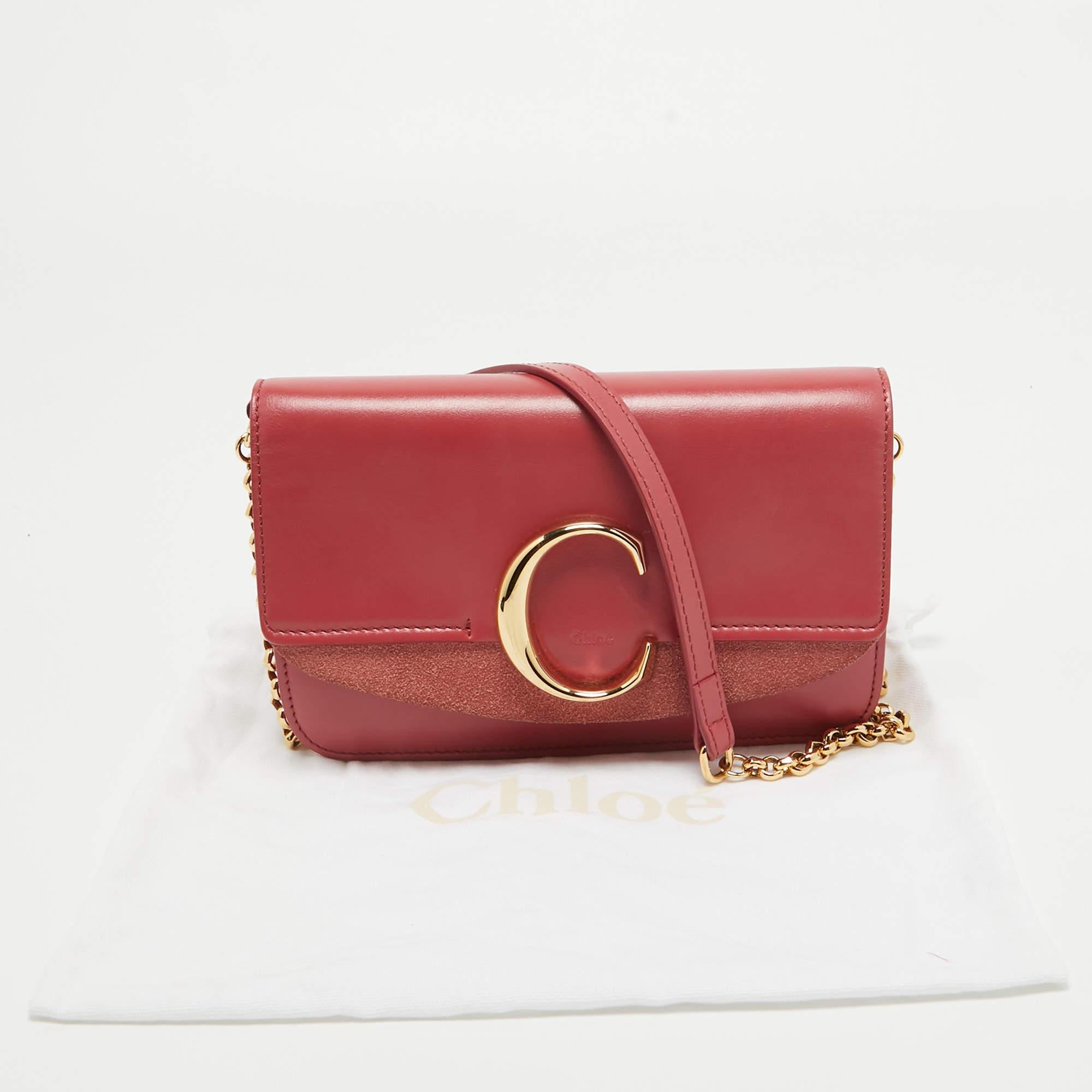 Women's Chloe Pink Leather and Suede C Chain Clutch