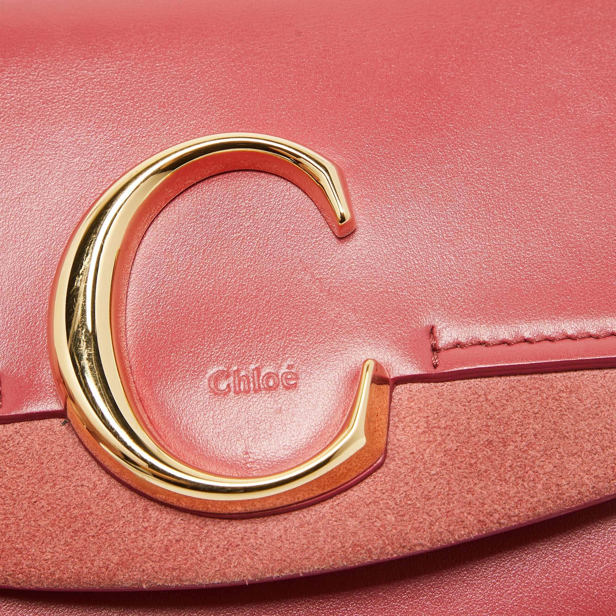 Chloe Pink Leather and Suede C Chain Clutch For Sale 3