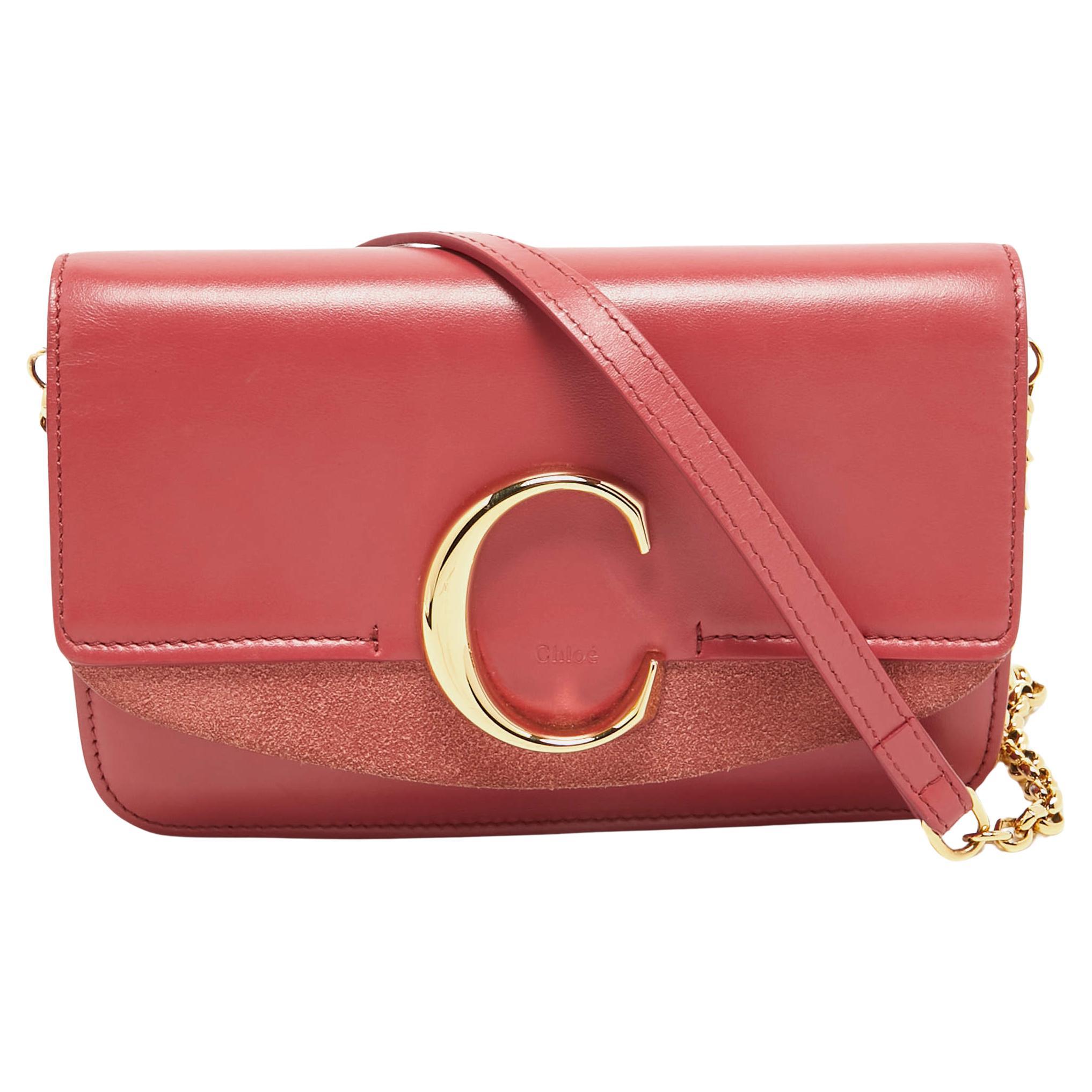 Chloe Pink Leather and Suede C Chain Clutch For Sale