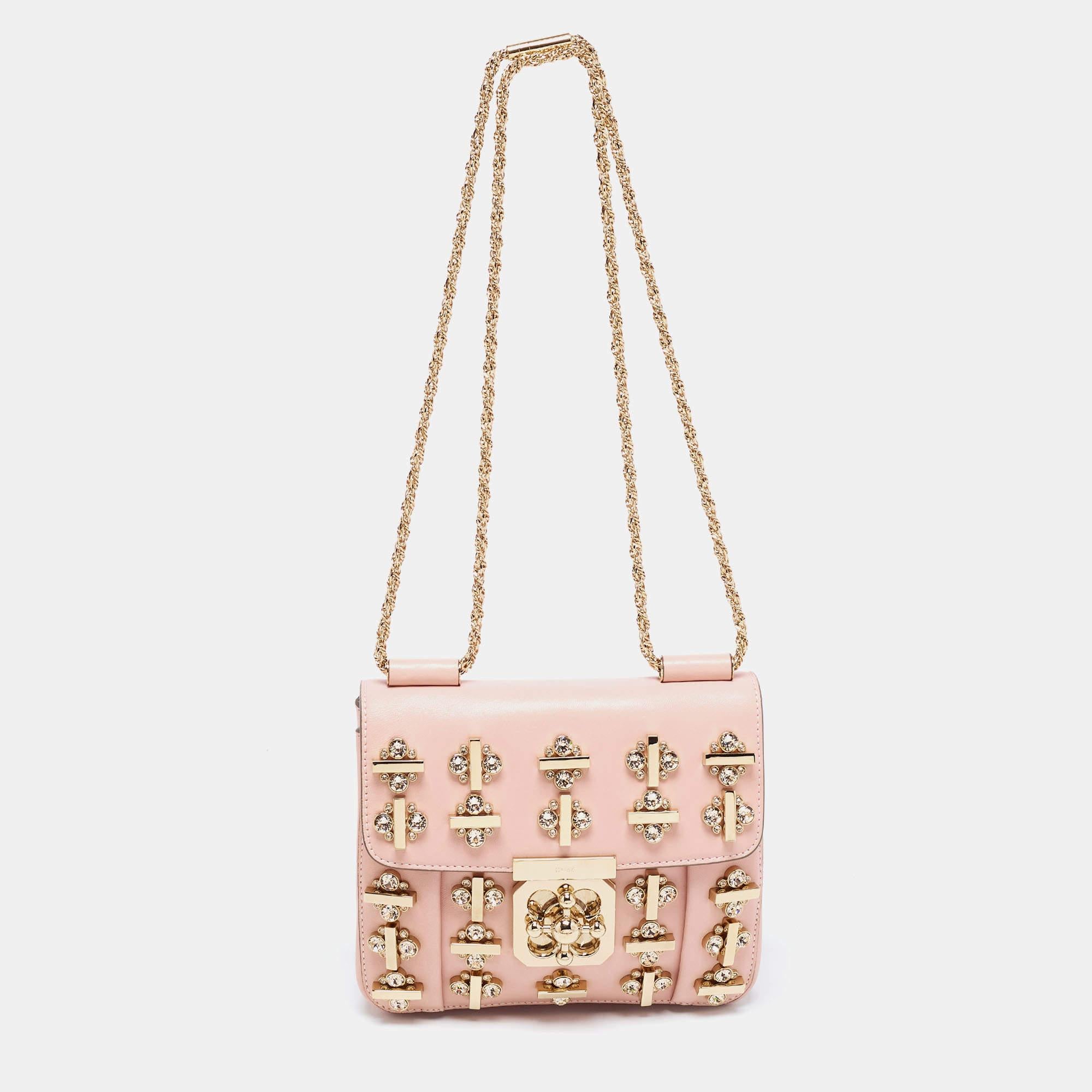 Women's Chloe Pink Leather Crystal Embellished Elsie Shoulder Bag