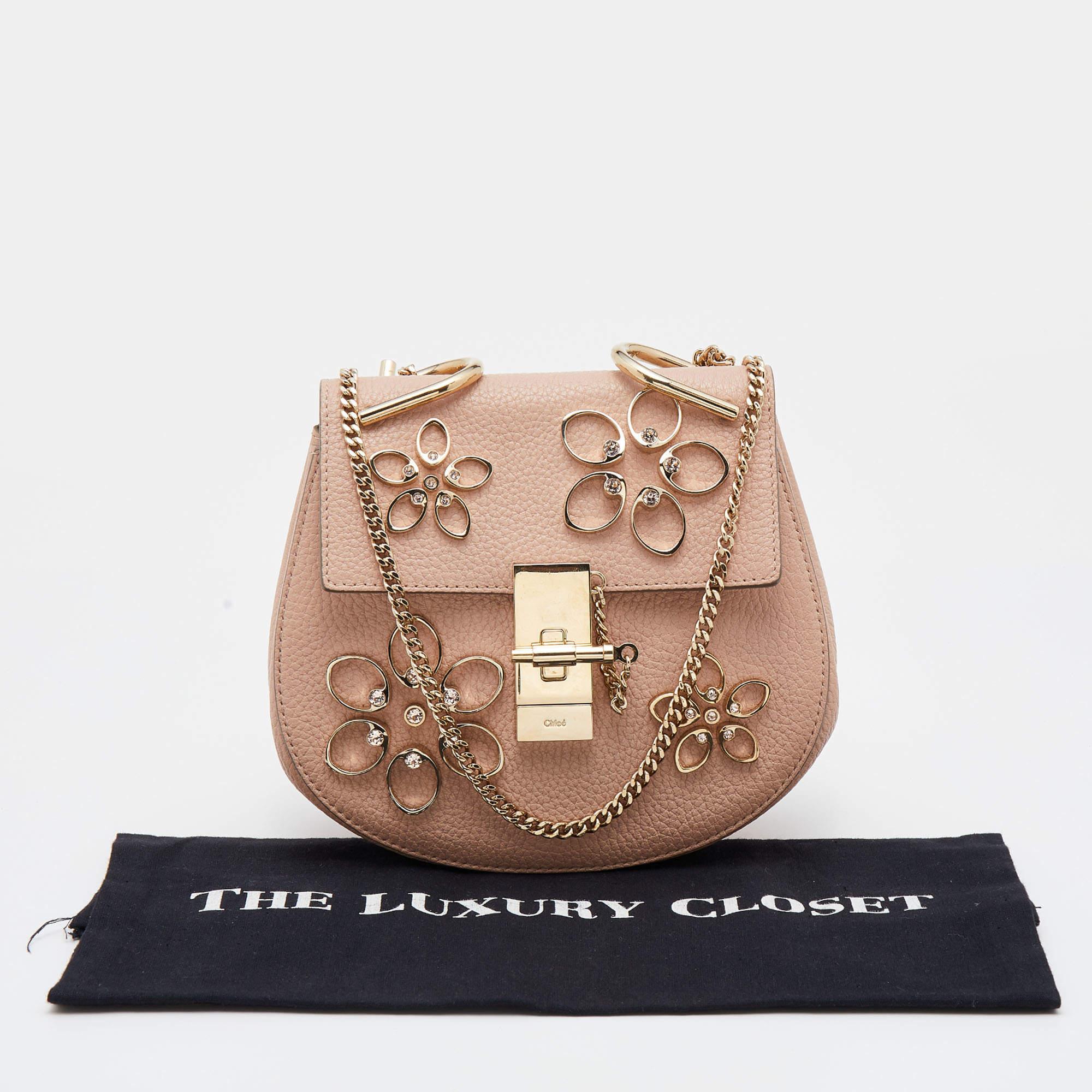 Chloe Pink Leather Floral Metal Embellished Mini Drew Crossbody Bag 4