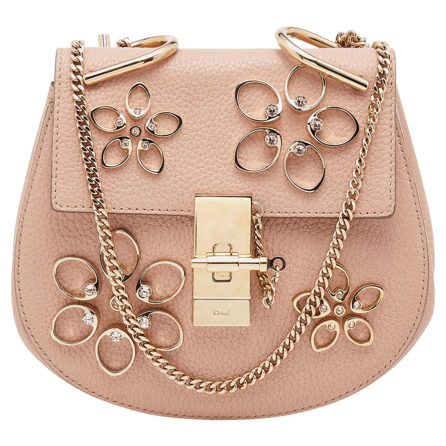 Chloe Pink Leather Floral Metal Embellished Mini Drew Crossbody Bag