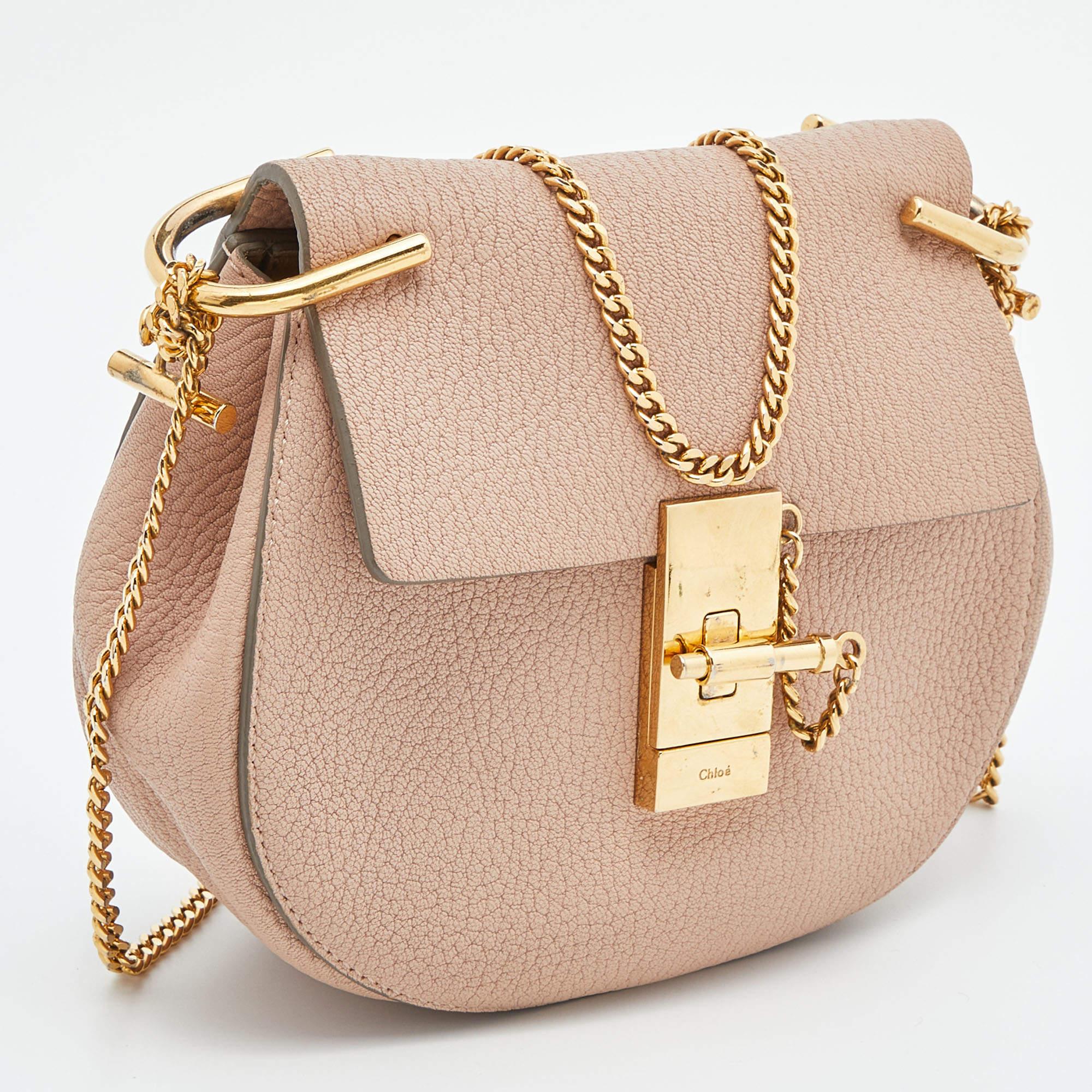 Beige Chloe Pink Leather Small Drew Shoulder Bag