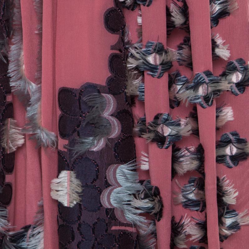 Women's Chloe Pink Silk Chiffon Feather Applique Embellished Maxi Dress M