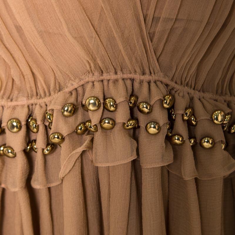 Chloe Pinky Beige Silk Crepon Pleated Embellished Dress S In New Condition In Dubai, Al Qouz 2