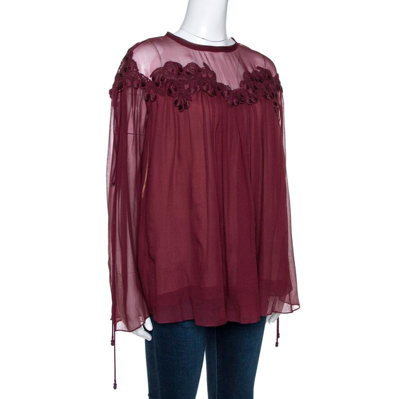 Brown Chloe Plum Red Silk Lace Trim Tie Detail Gathered Blouse M