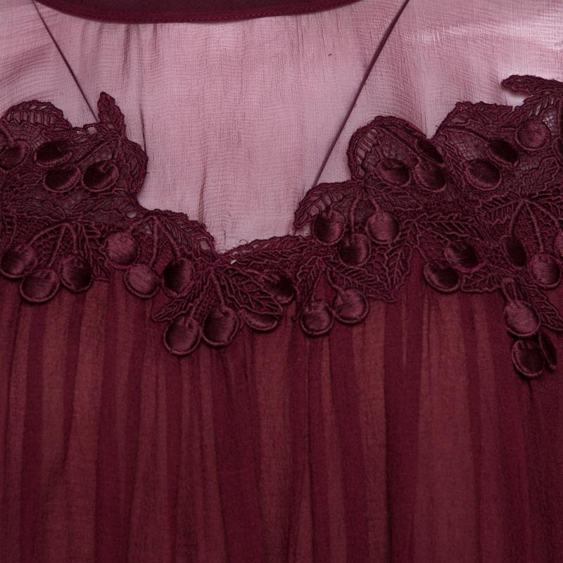 Chloe Plum Red Silk Lace Trim Tie Detail Gathered Blouse M 1