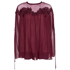 Chloe Plum Red Silk Lace Trim Tie Detail Gathered Blouse M