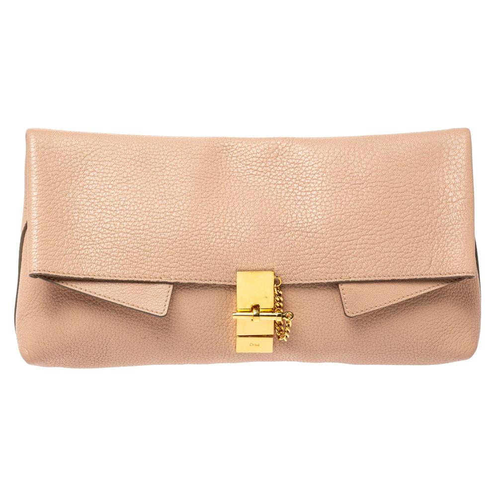 Chloe Powder Pink Grained Leather Drew Fold Over Clutch