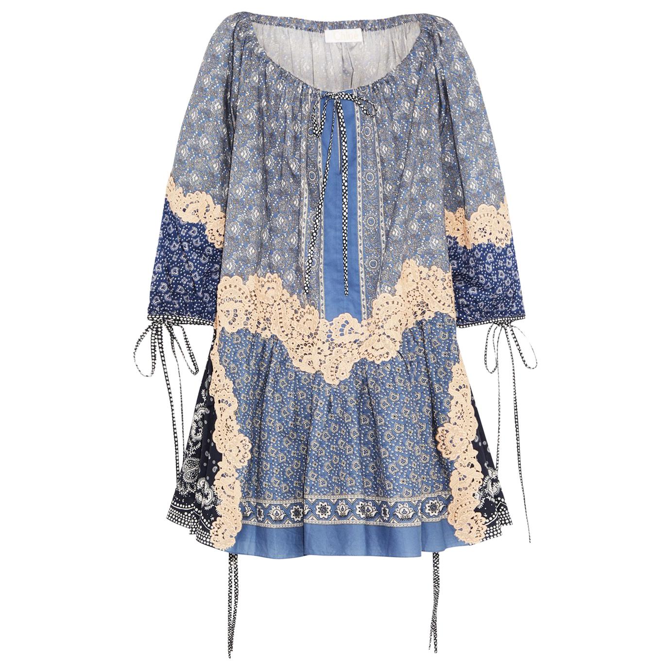 Chloé Printed Lace Appliquéd Cotton and Silk Blend Voile Mini Dress