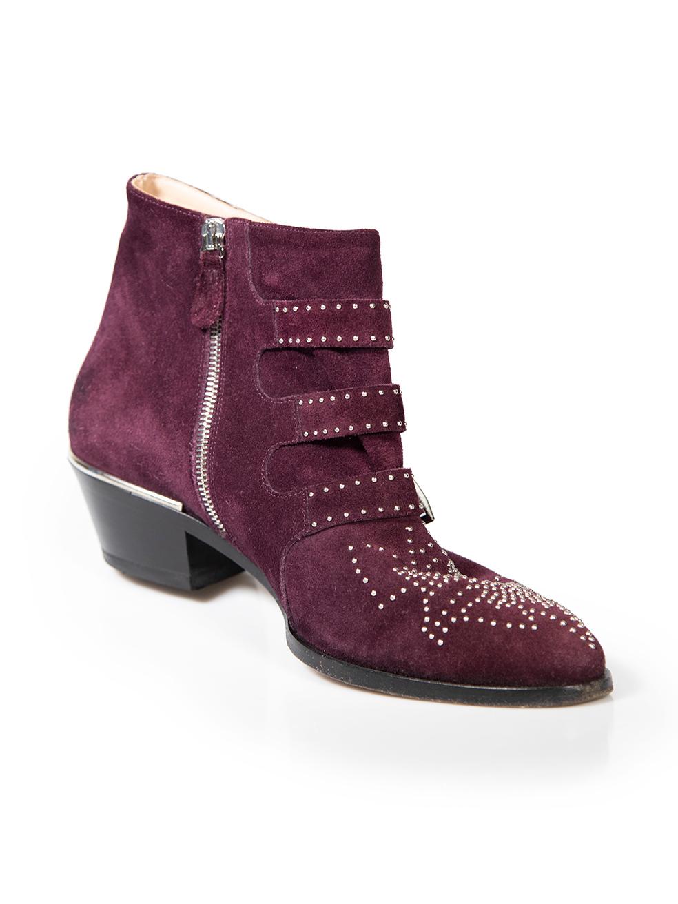 CONDITION is Very good. Minimal wear to boots is evident. Minimal wear to both boot soles with abrasions on this used Chloé designer resale item. These boots come with original dust bags.
 
Details
Model: Susanna
Purple
Suede
Ankle boots
Almond