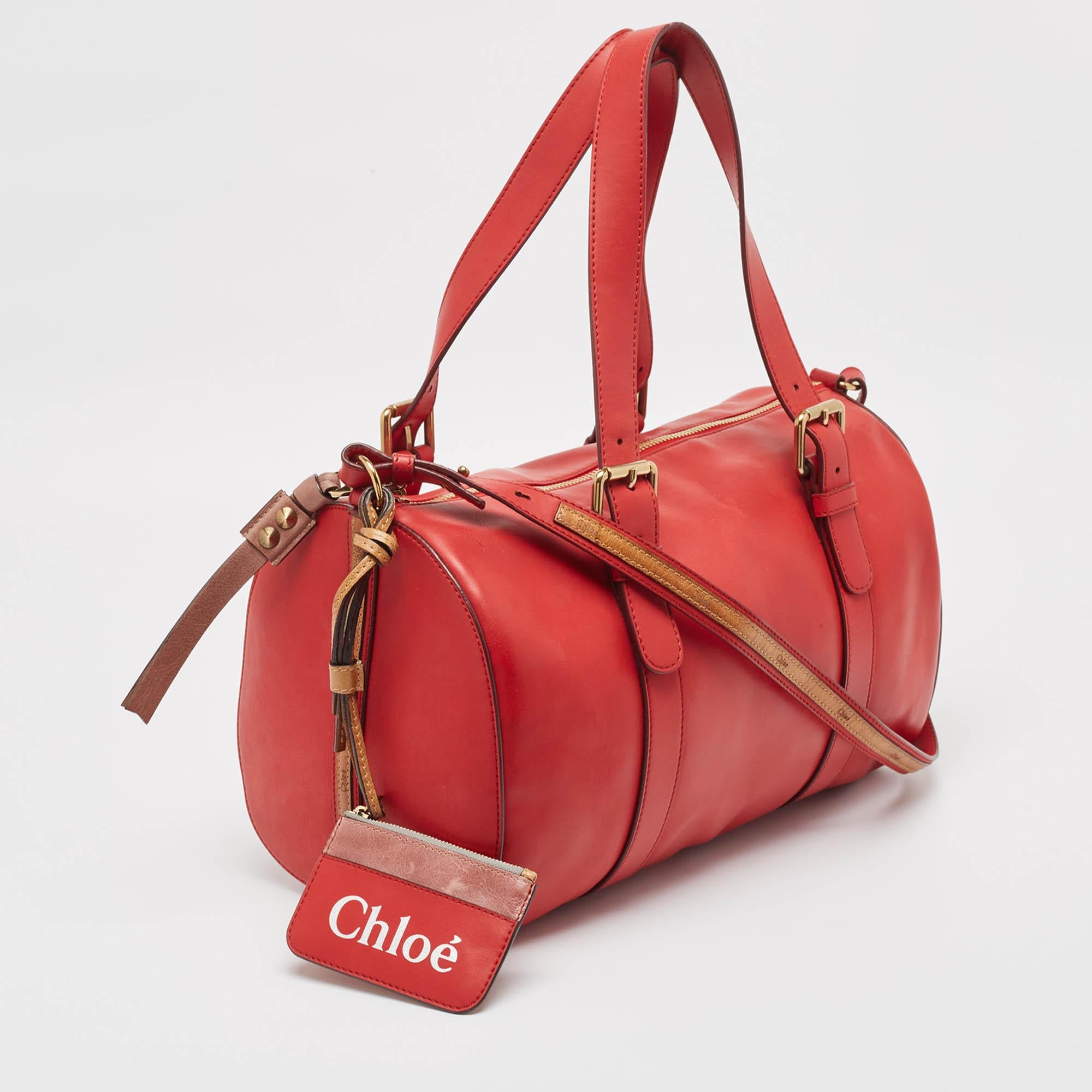 Chloe Red/Brown Leather Buckle Duffel Bag For Sale 13