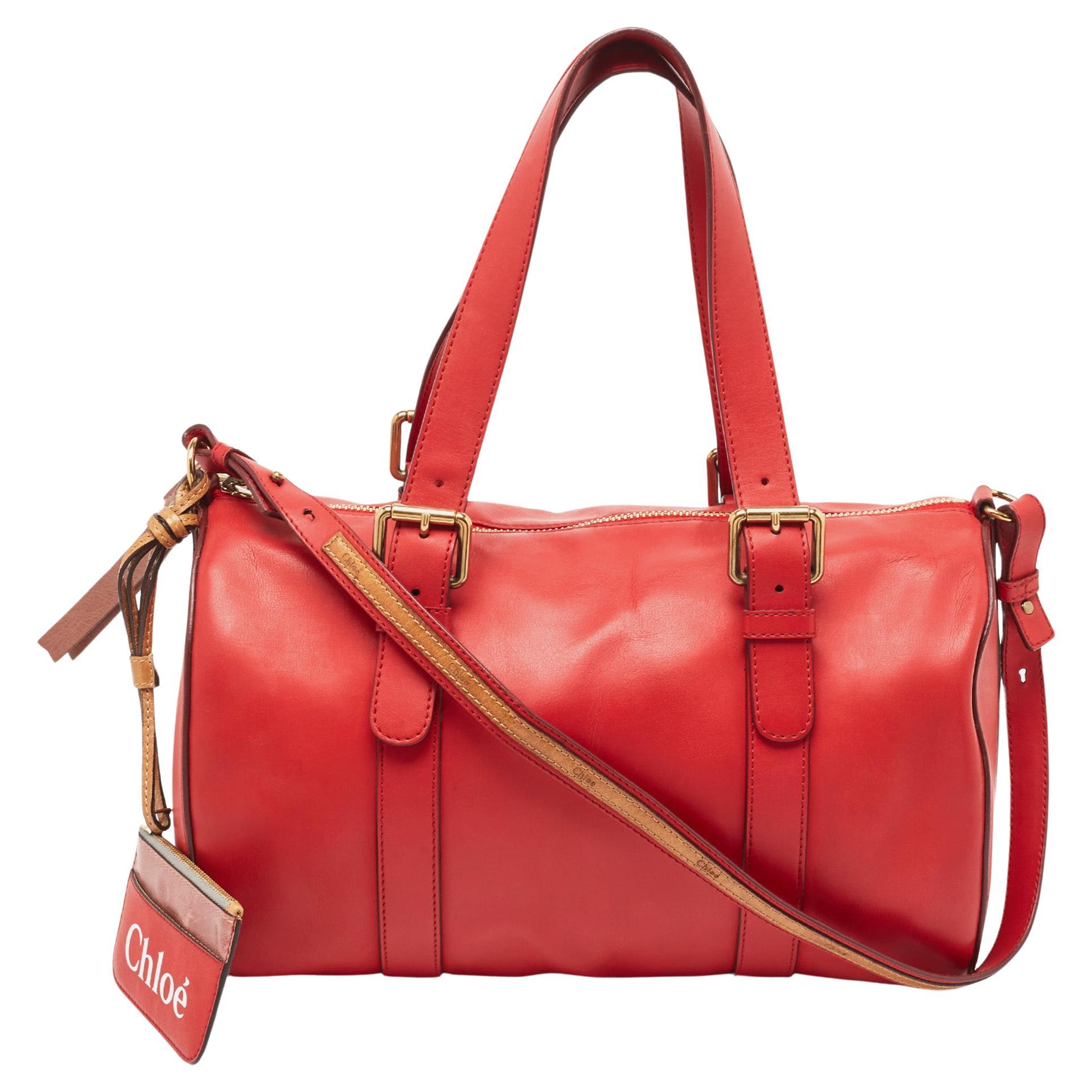 Chloe Red/Brown Leather Buckle Duffel Bag For Sale