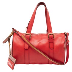 Used Chloe Red/Brown Leather Buckle Duffel Bag