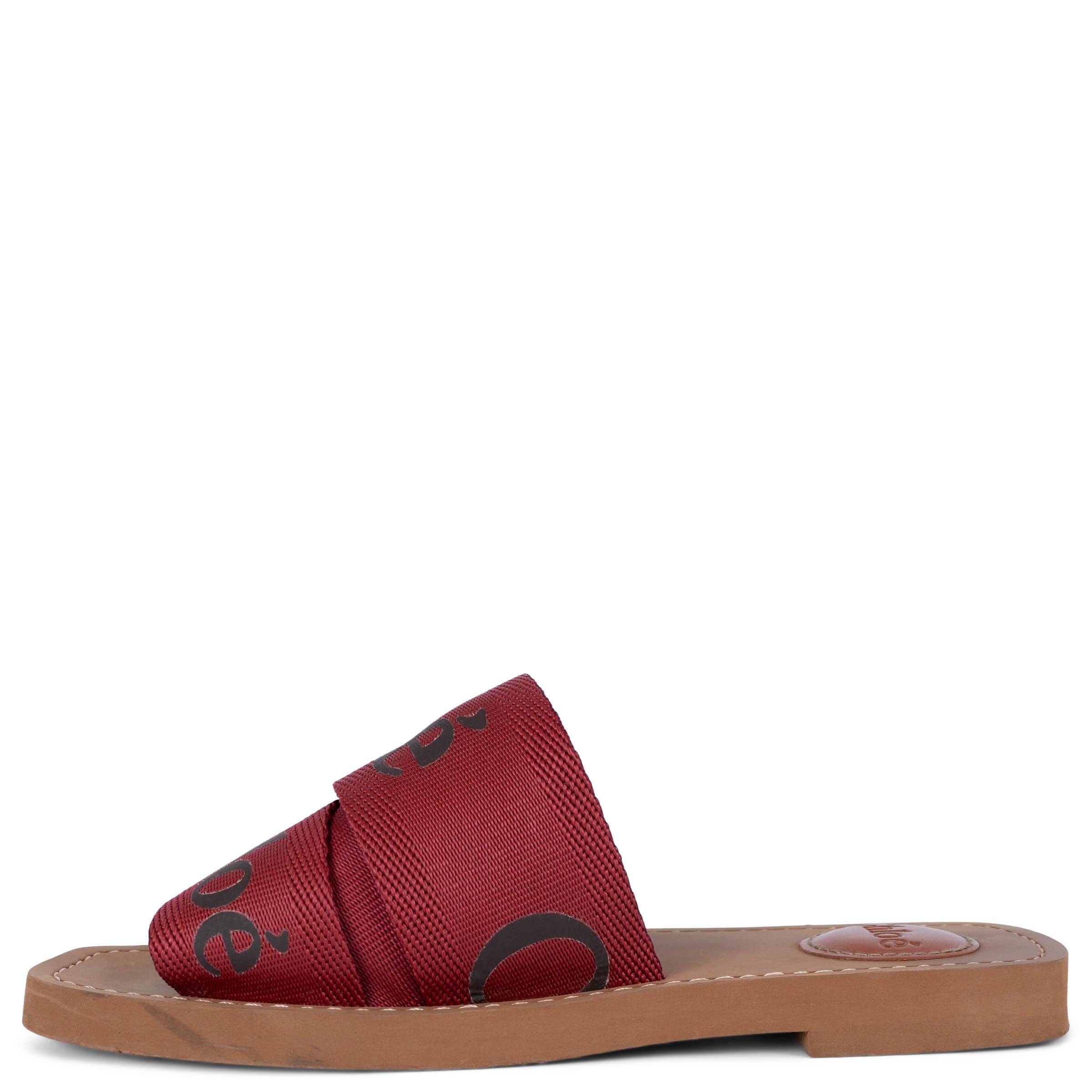 Brown CHLOE red canvas 2021 WOODY LOGO STRAP SLIDE Sandals Shoes 35 For Sale