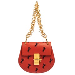 Chloe Red Embroidered Horses Leather Small Drew Bijou Crossbody Bag