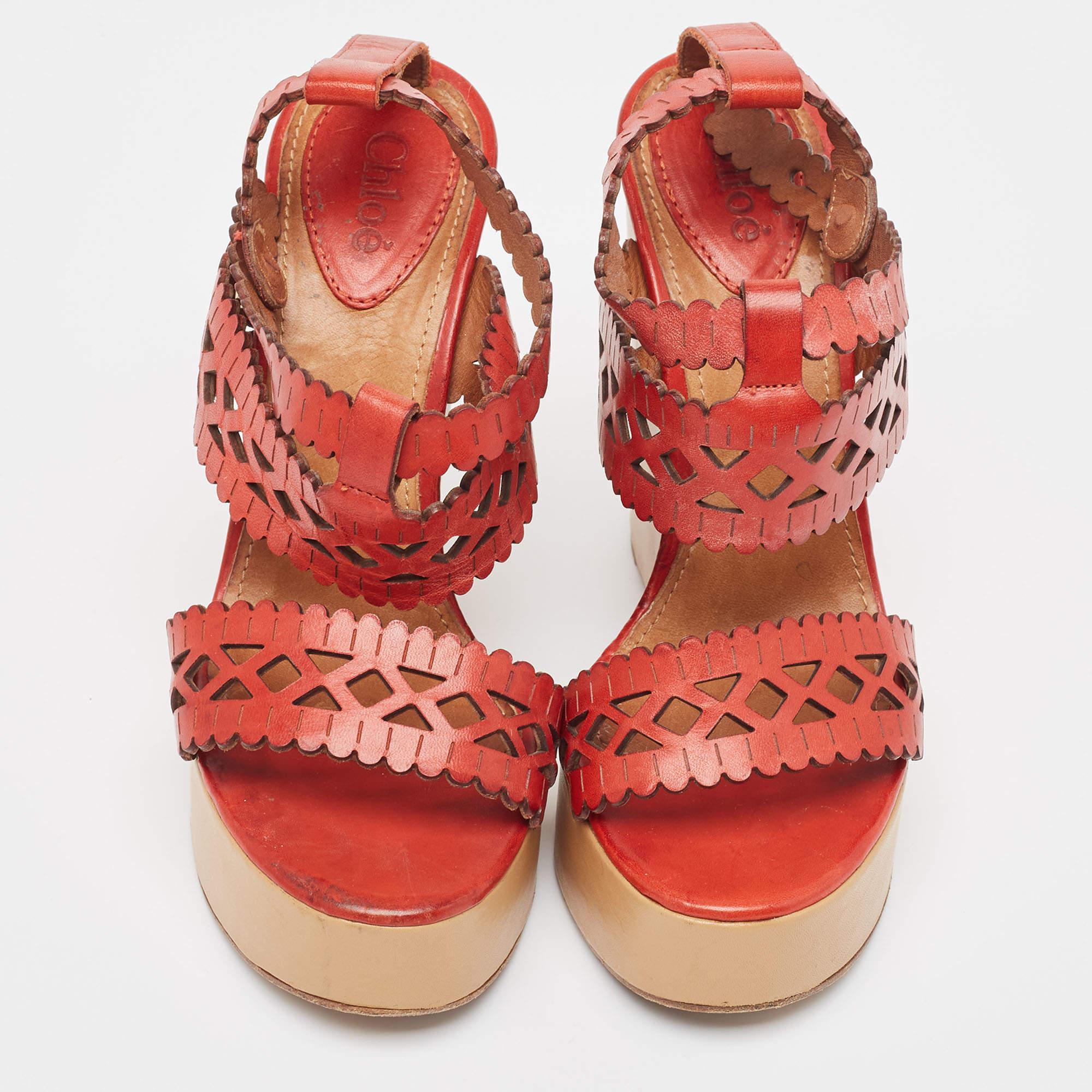Beige Chloe Red Laser Cut Leather Wedge Platform Ankle Strap Sandals Size 37.5 For Sale