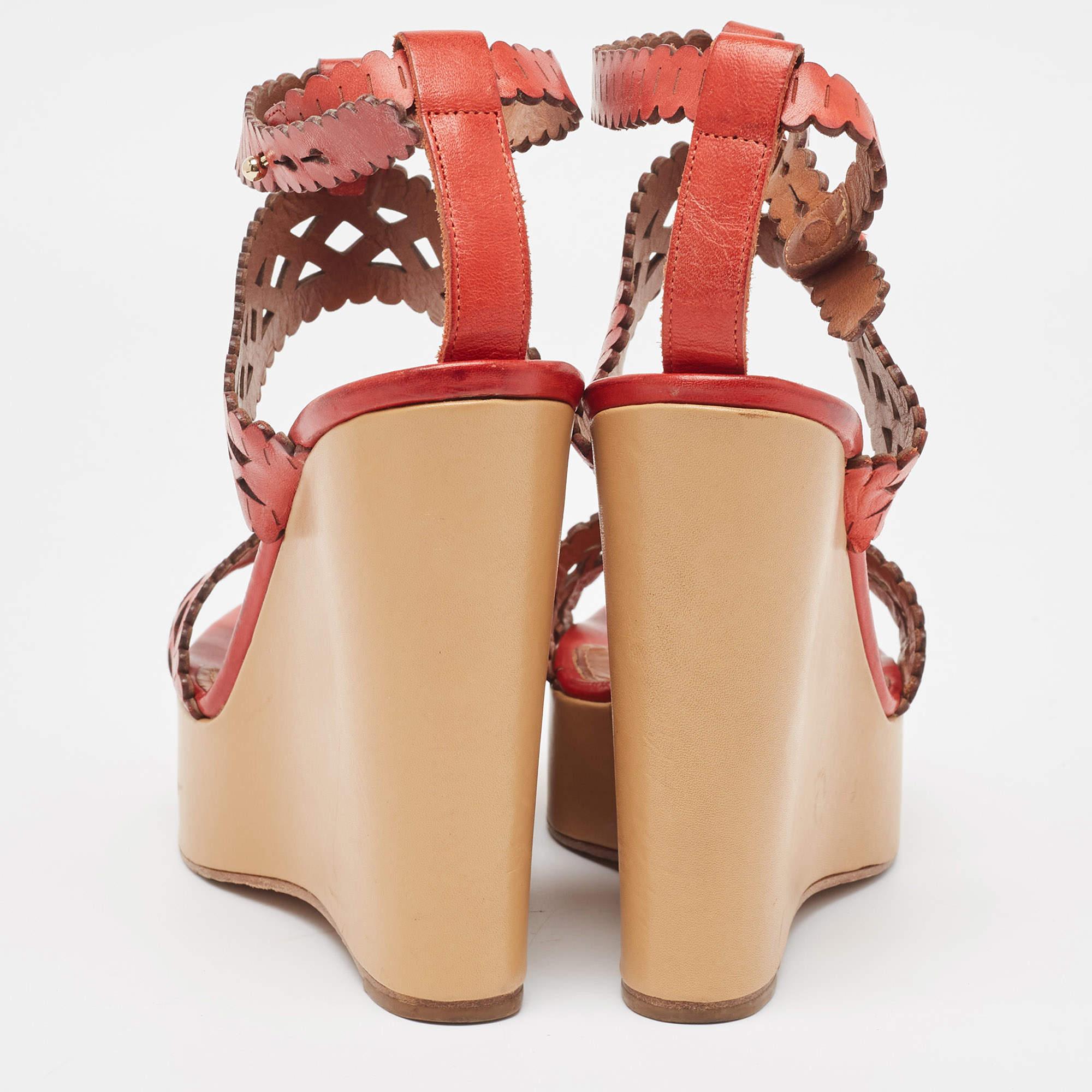 Women's Chloe Red Laser Cut Leather Wedge Platform Ankle Strap Sandals Size 37.5 For Sale