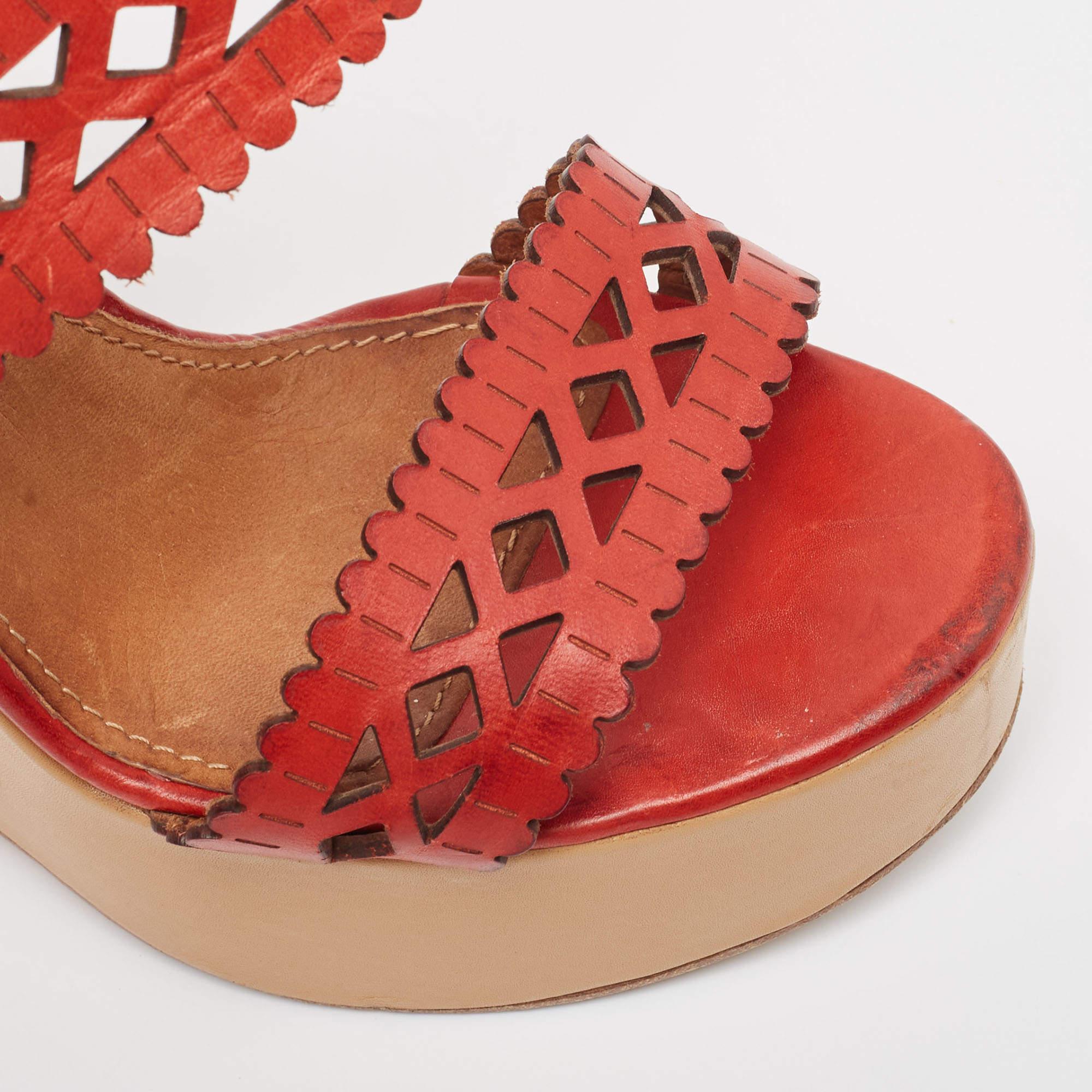 Chloe Red Laser Cut Leather Wedge Platform Ankle Strap Sandals Size 37.5 For Sale 2