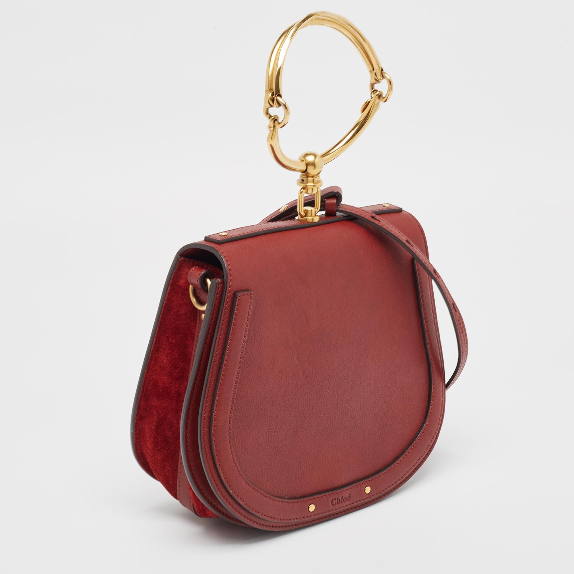 Brown Chloe Red Leather and Suede Medium Nile Bracelet Top Handle Bag