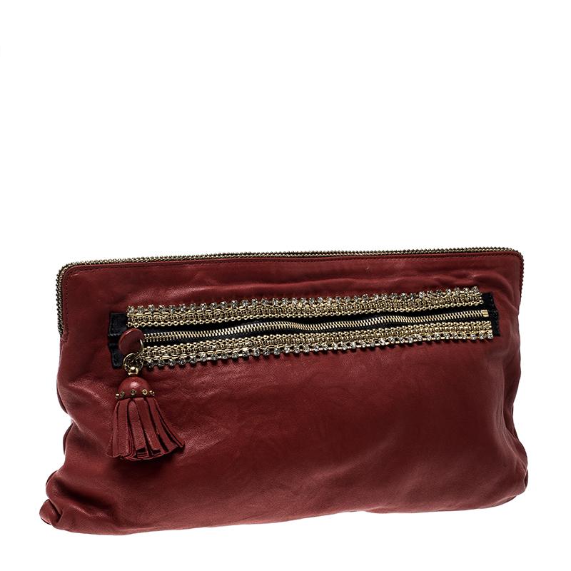 Brown Chloe Red Leather Crystal Embellished Clutch