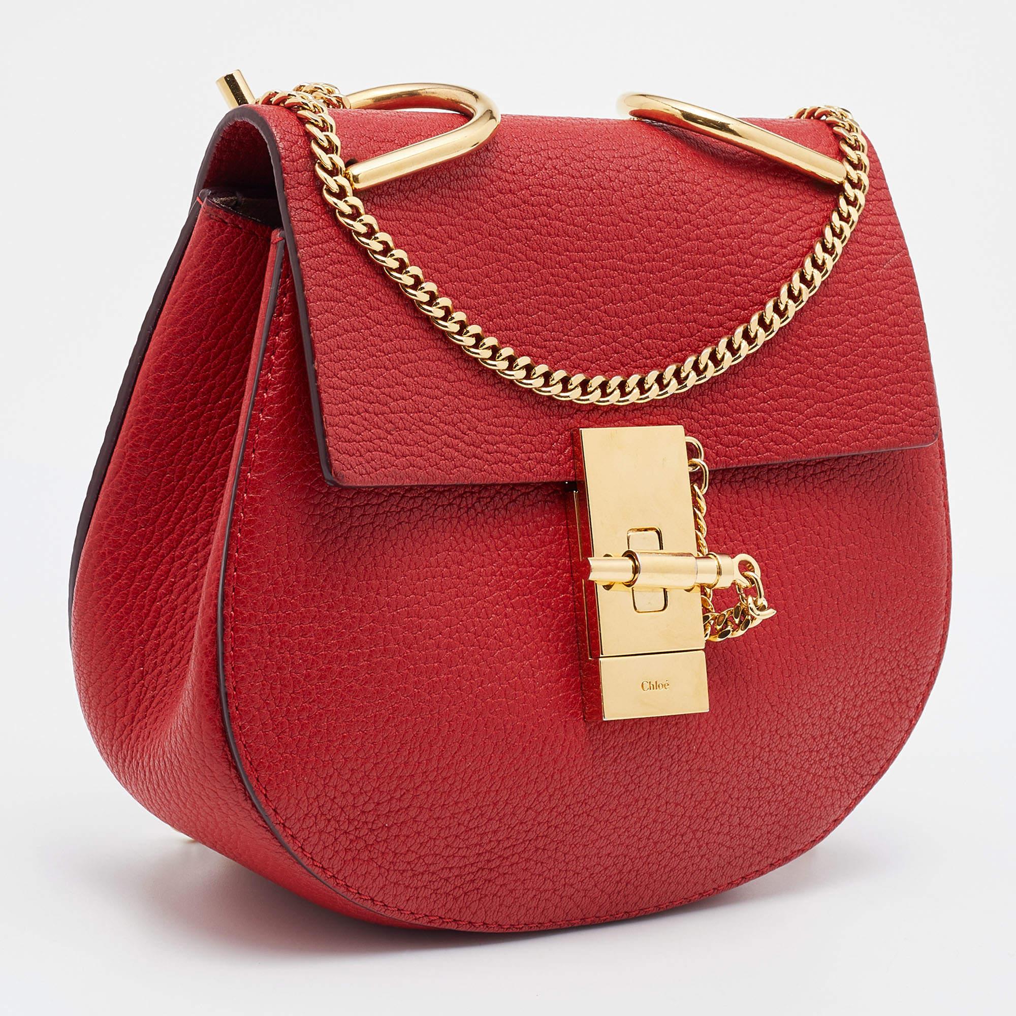 Women's Chloe Red Leather Small Drew Chain Crossbody Bag