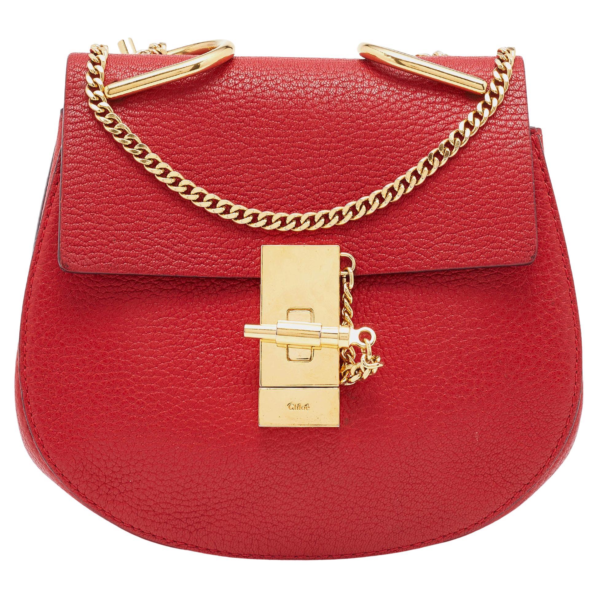 Chloe Red Leather Small Drew Chain Crossbody Bag