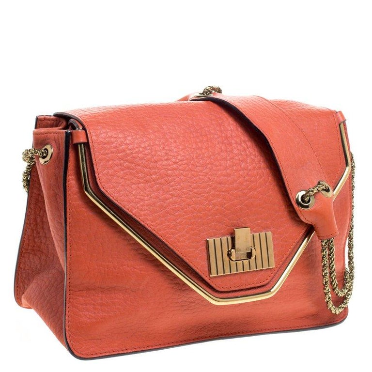 Chloe Red Orange Pebbled Leather Medium Sally Flap Shoulder Bag For ...