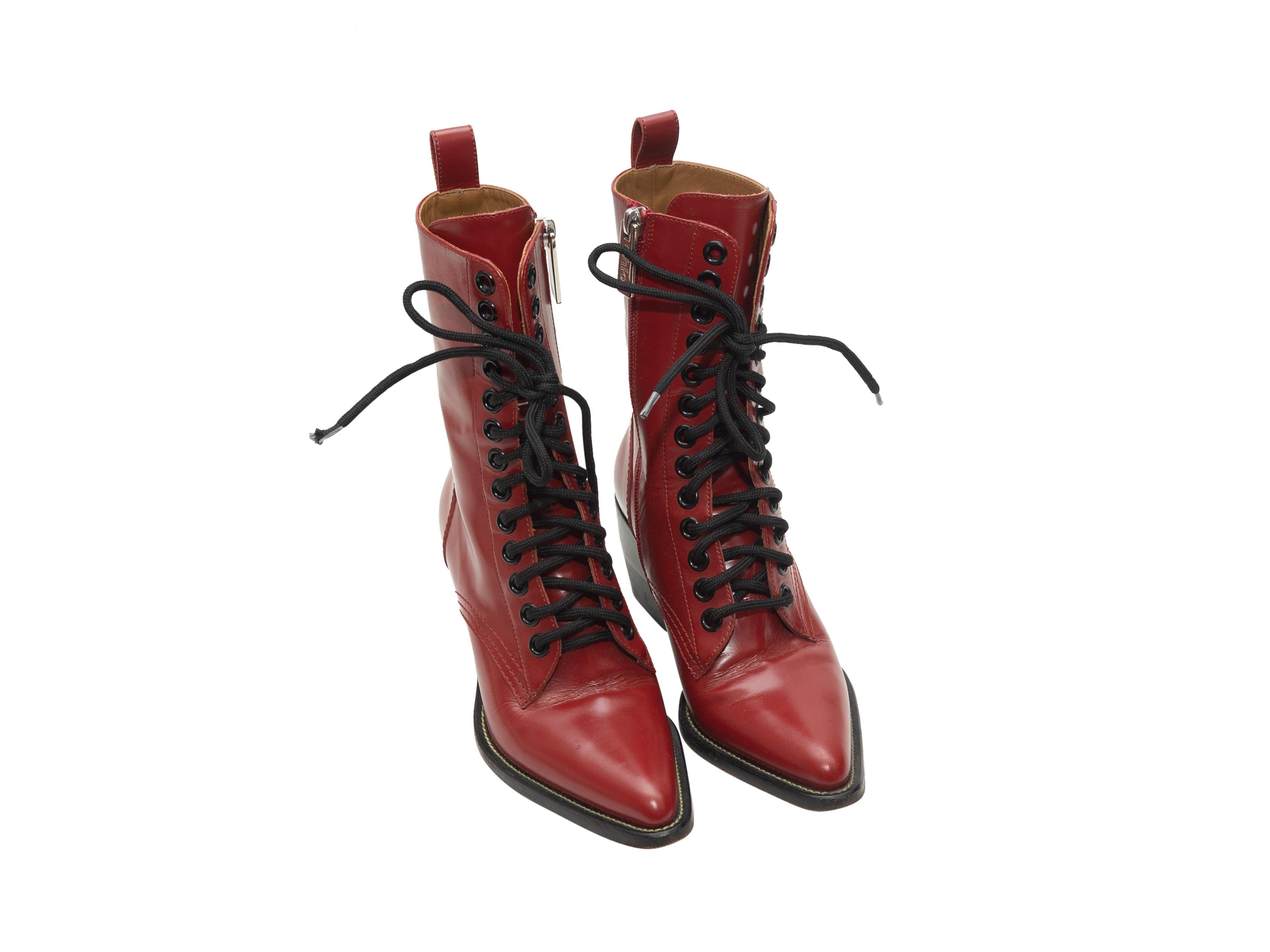 Product details: Red leather pointed-toe Rylee boots by Chloe. Lace-up detailing at tops. Block heels. Zip closures at inner sides. Designer size 36.5. 2.5