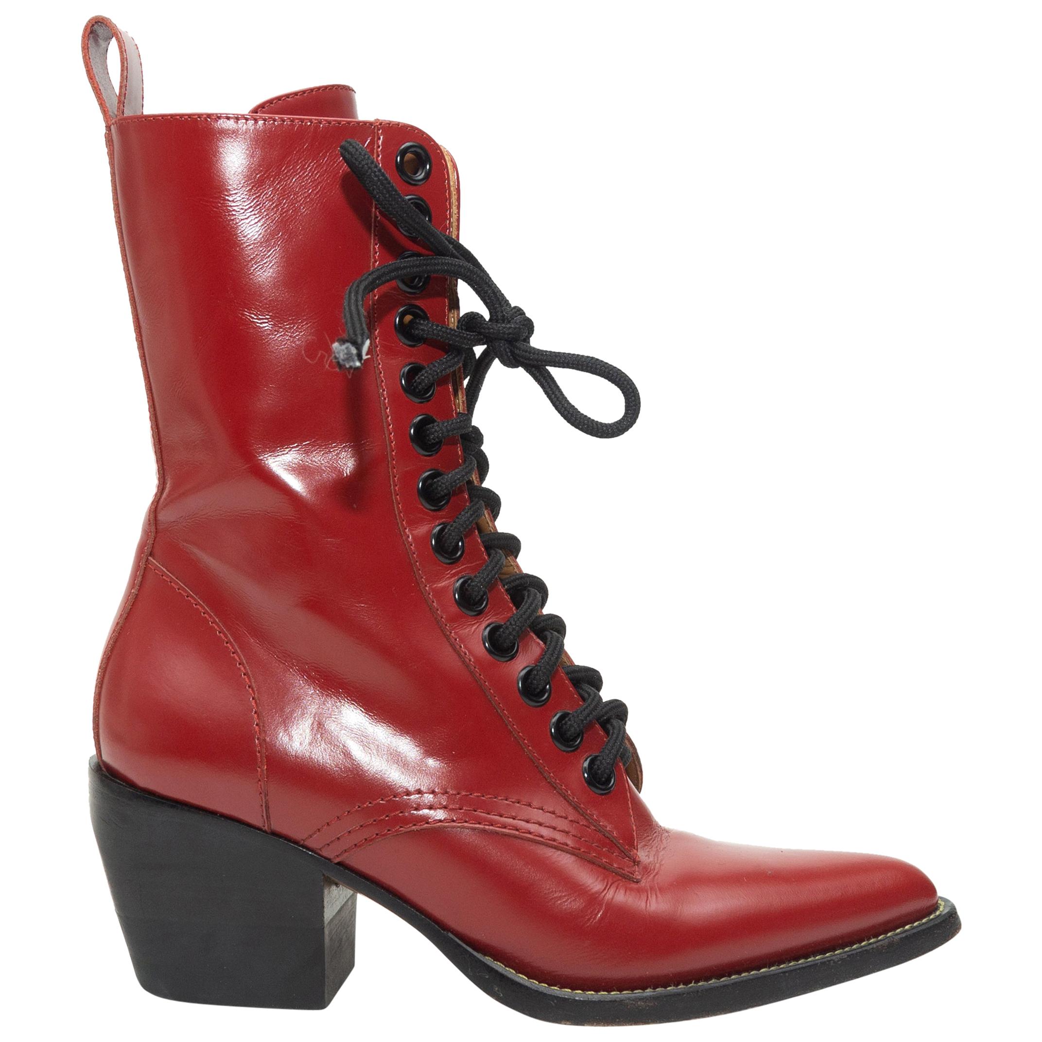 Chloe Red Rylee Pointed-Toe Lace-Up Boots