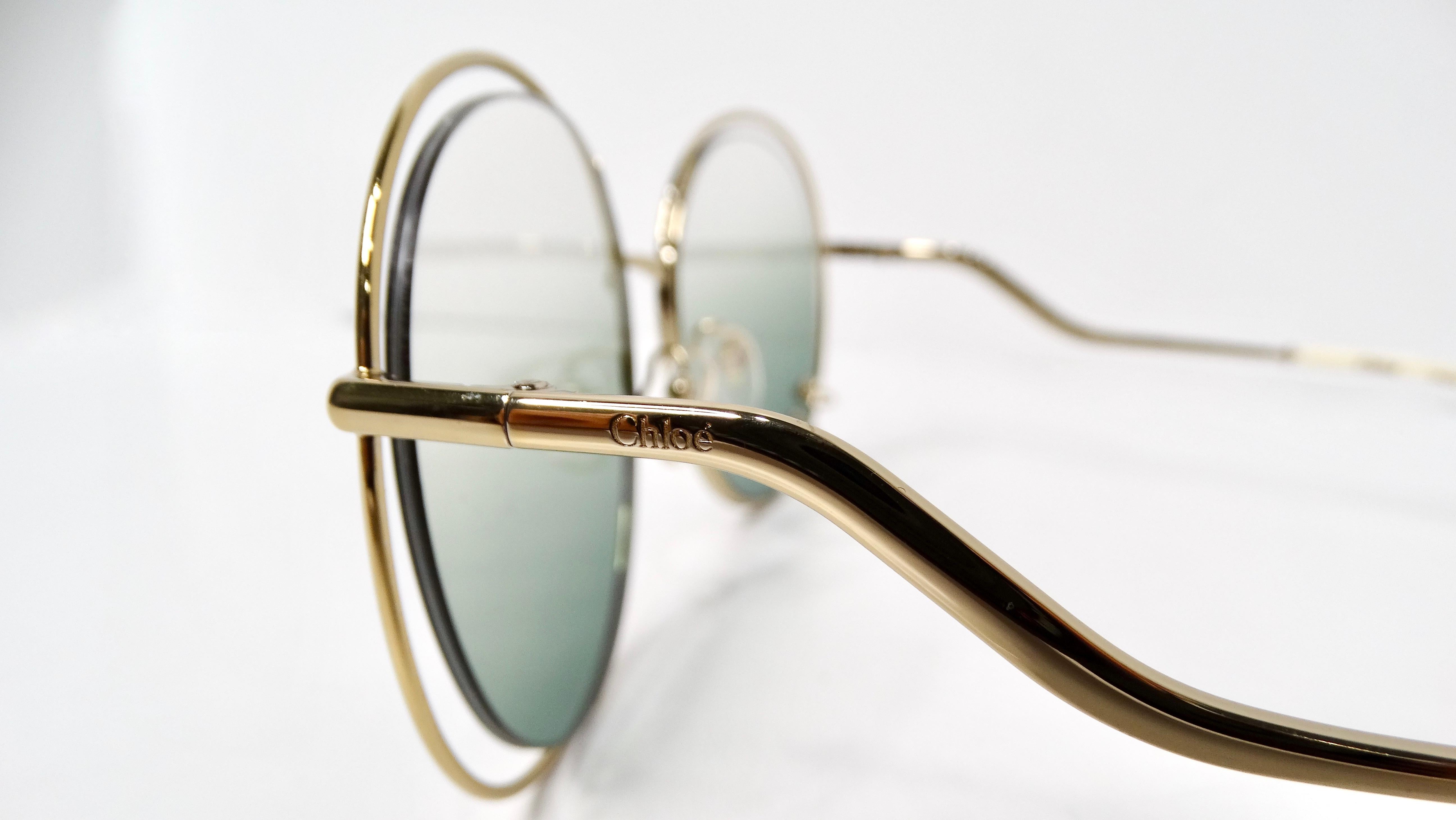 Gray Chloe Round Oversized Green Gradient Gold-Tone Metal Frame Sunglasses For Sale