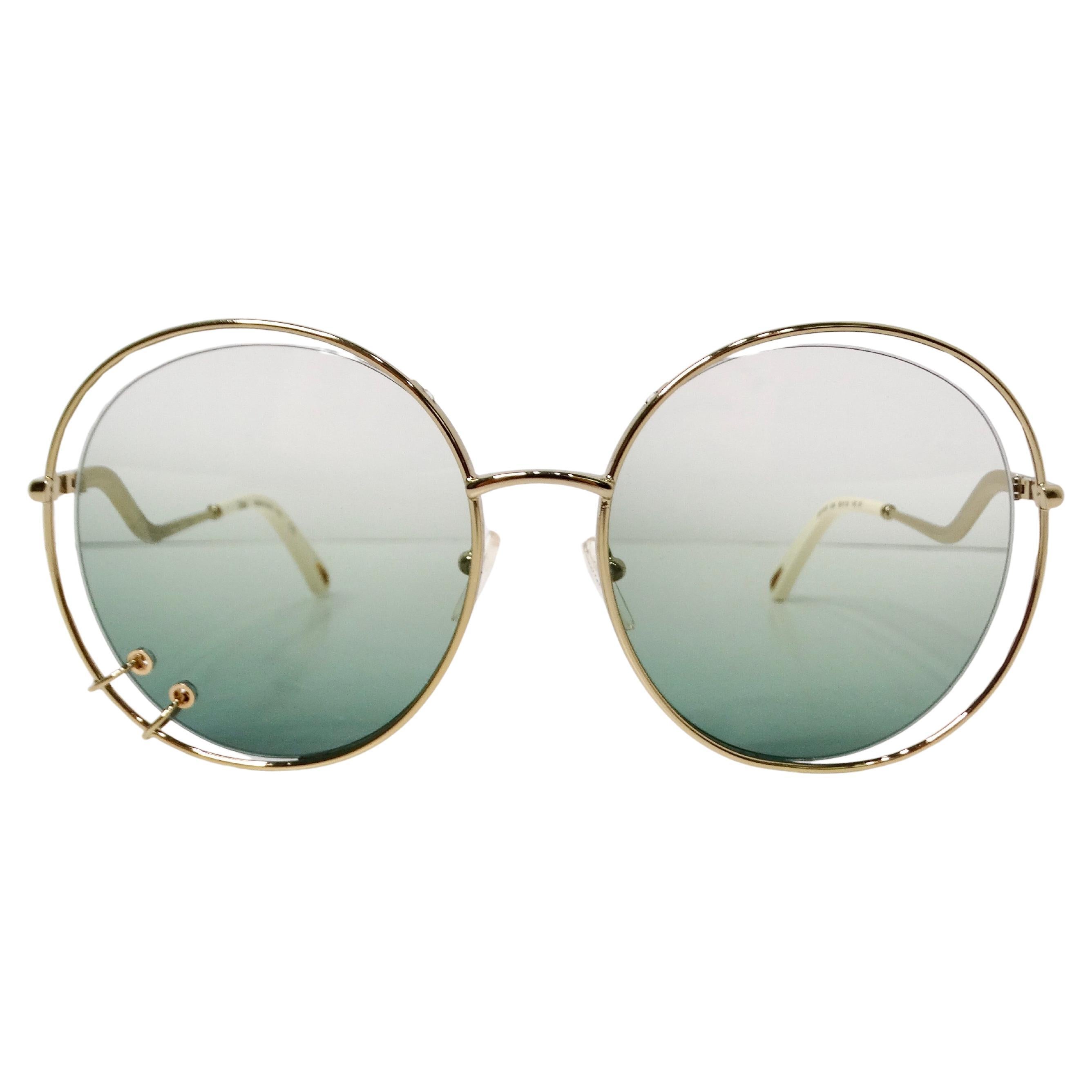 Chloe Round Oversized Green Gradient Gold-Tone Metal Frame Sunglasses For Sale
